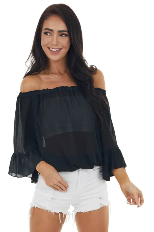 Black Off The Shoulder Top with Ruffle Detail sold by Lime Lush