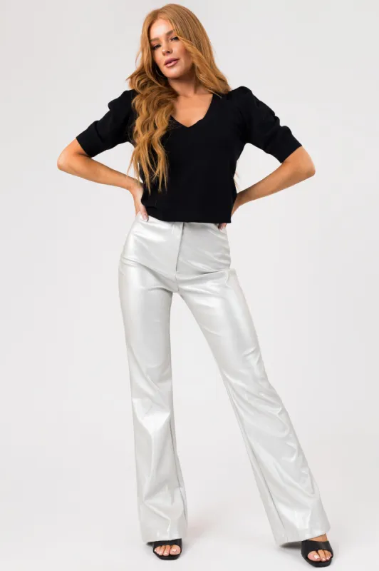 Silver High Waisted Faux Leather Flare Pants sold by Lime Lush