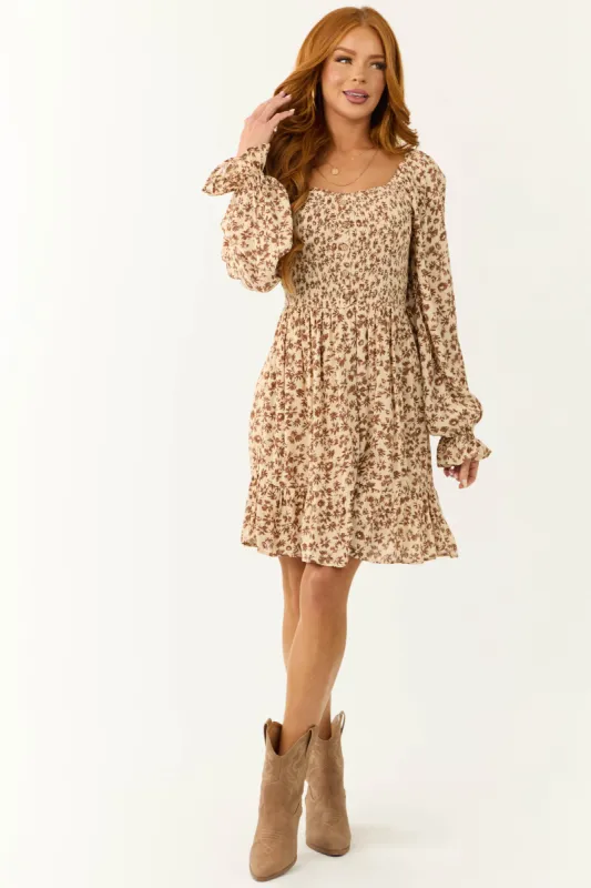 Beige and Cognac Floral Print Short Dress sold by Lime Lush