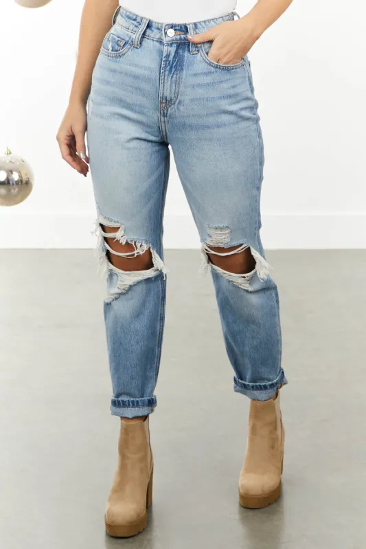 Ceros Light Denim Wash High Rise Distressed Mom Jeans sold by Lime Lush