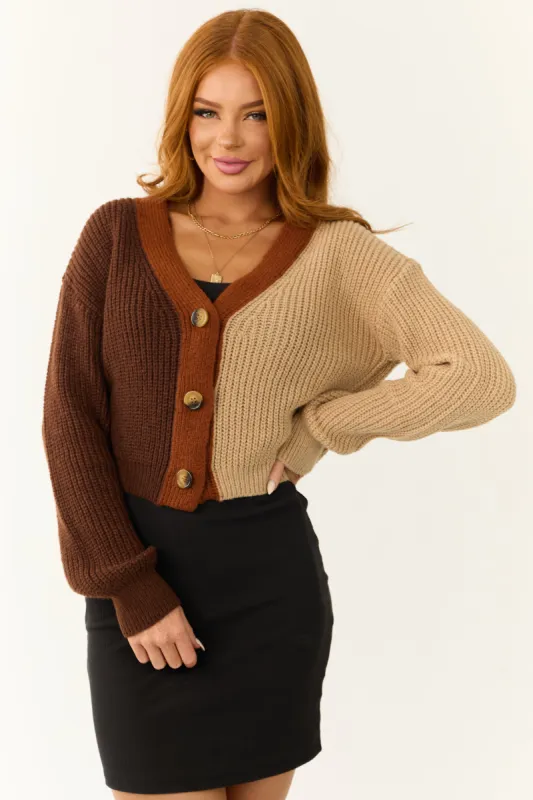 Cocoa and Camel Colorblock Button Up Cardigan sold by Lime Lush