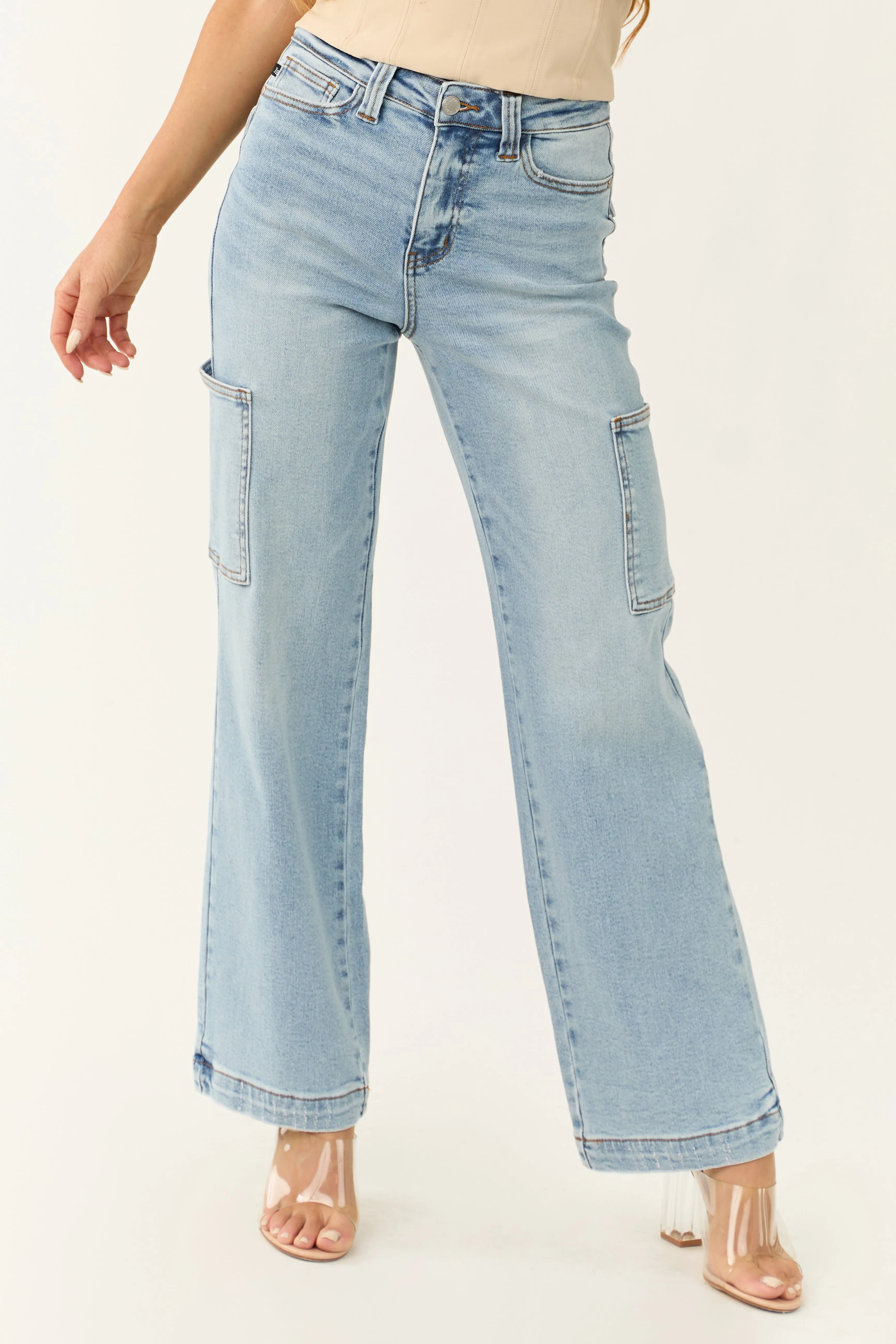 Judy Blue Light Wash Wide Leg Cargo Jeans sold by Lime Lush