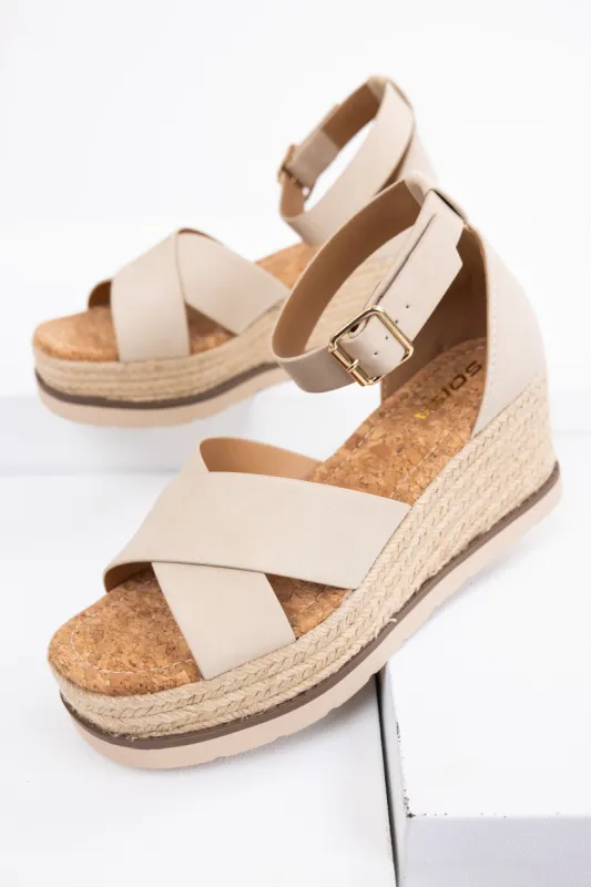 Almond Cross Strap Espadrille Platform Sandals sold by Lime Lush