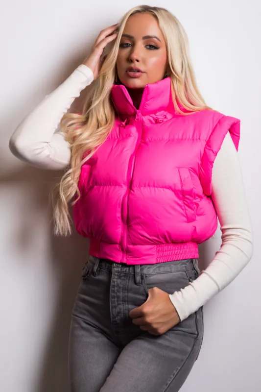 Neon Pink Elastic Hem Zip Up Puffer Vest sold by Lime Lush