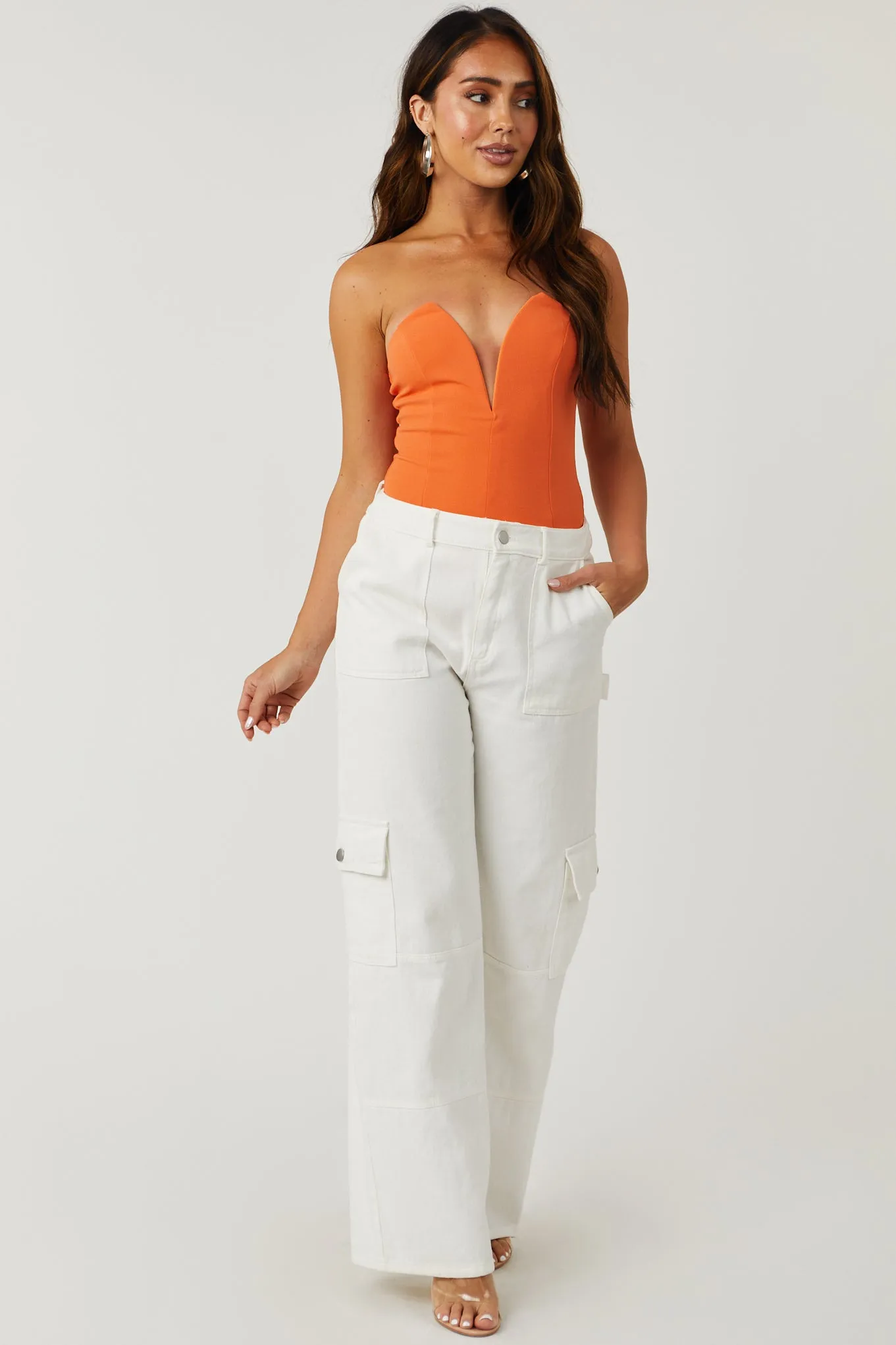 Orange Strapless Deep V Neck Bodysuit sold by Lime Lush product image thumbnail 2