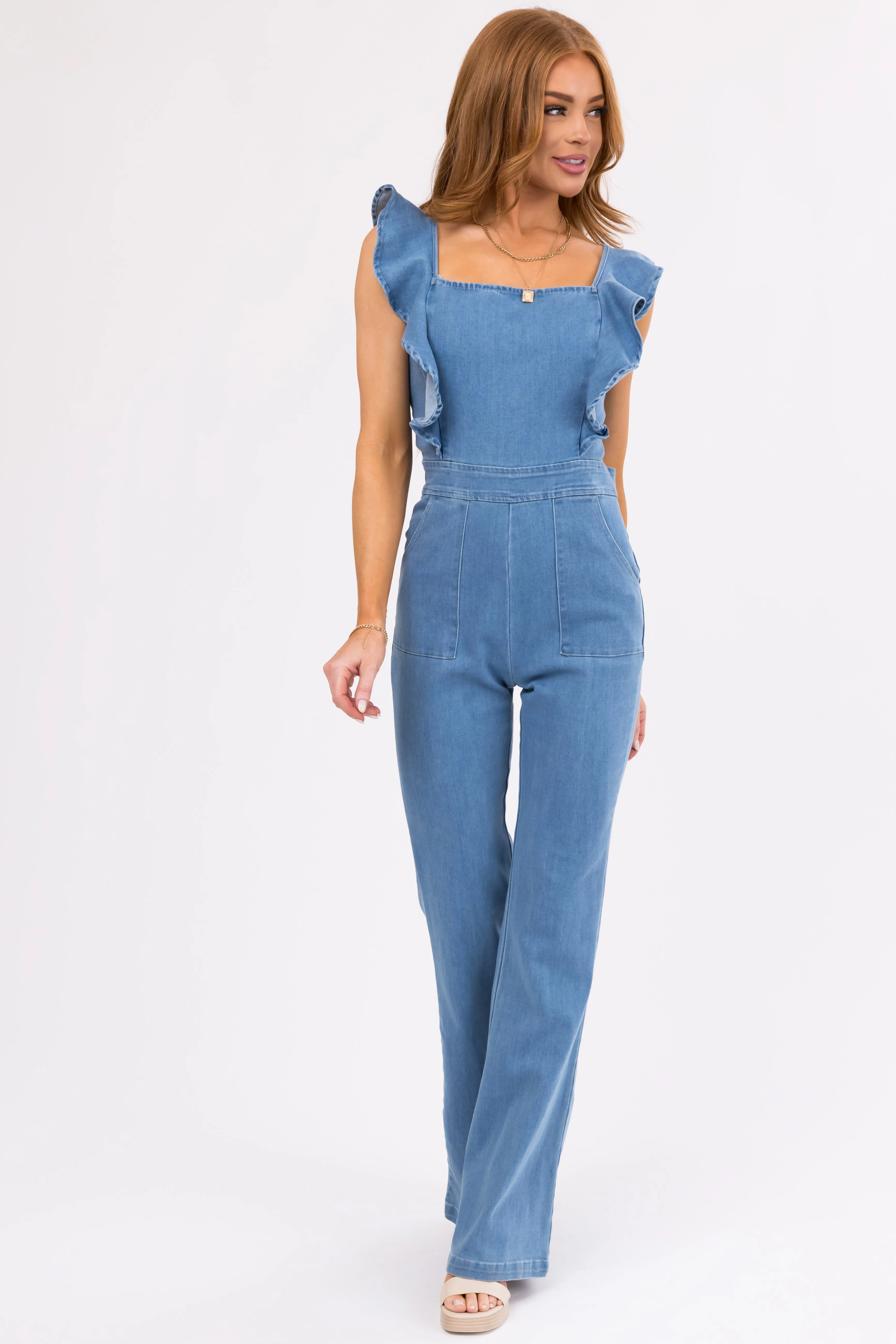 Medium Wash Denim Ruffle Sleeveless Jumpsuit sold by Lime Lush product image thumbnail 2