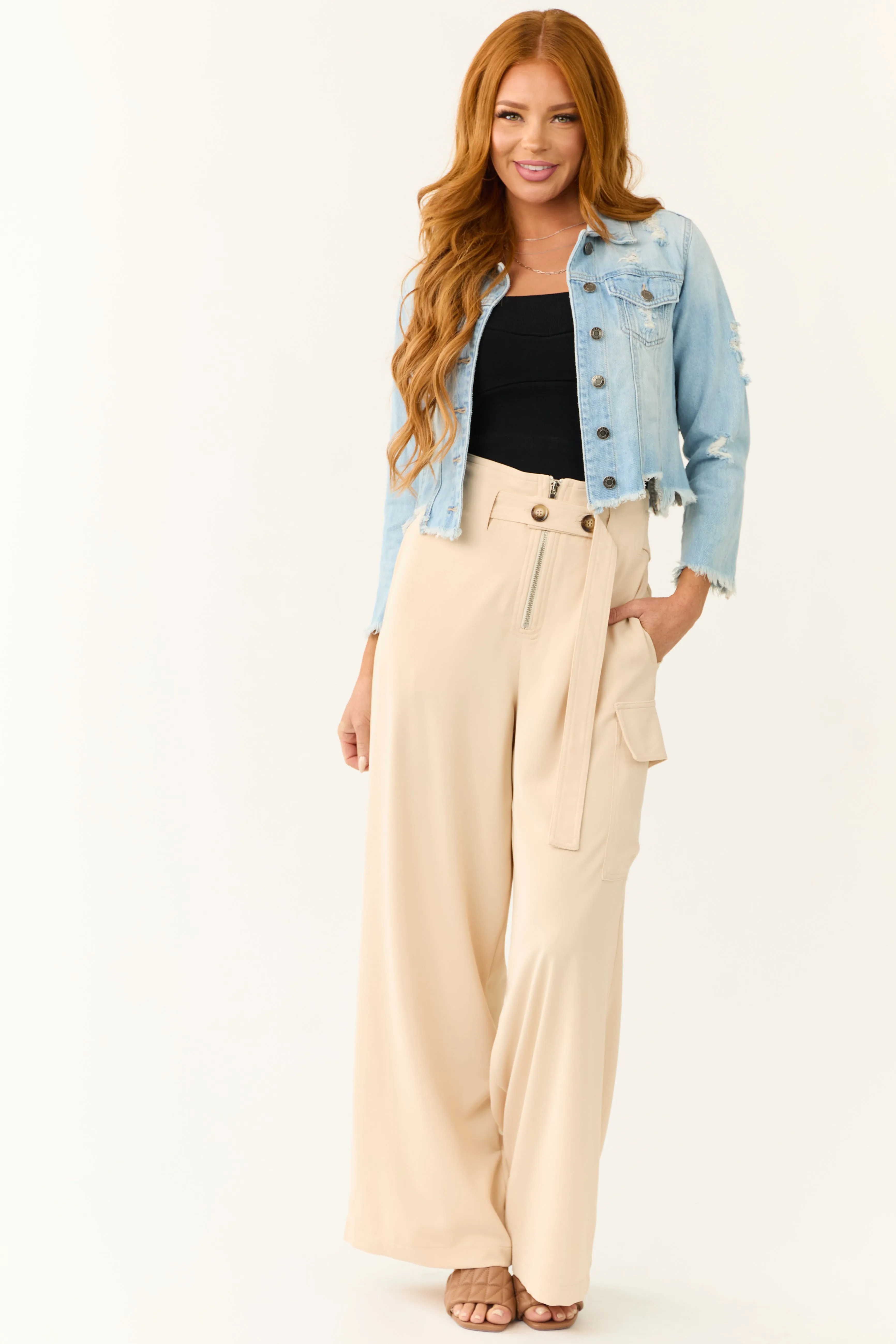Champagne Belted High Waist Wide Leg Pants sold by Lime Lush product image thumbnail 5