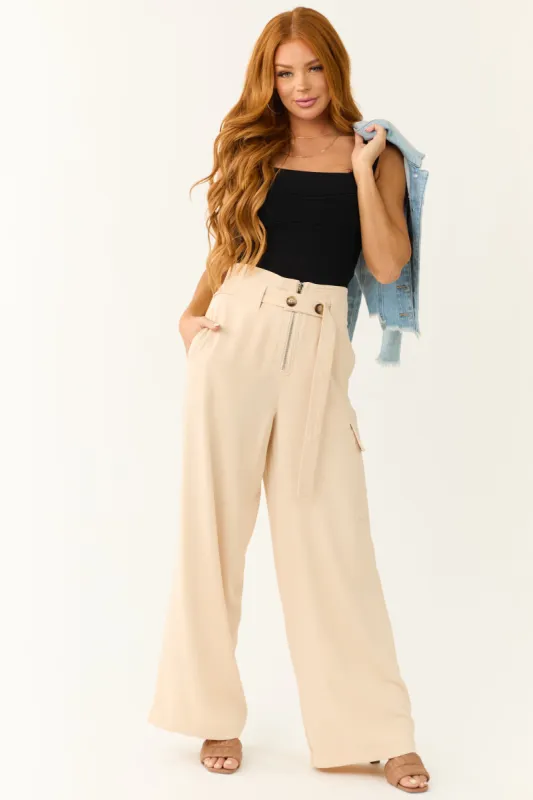 Champagne Belted High Waist Wide Leg Pants sold by Lime Lush