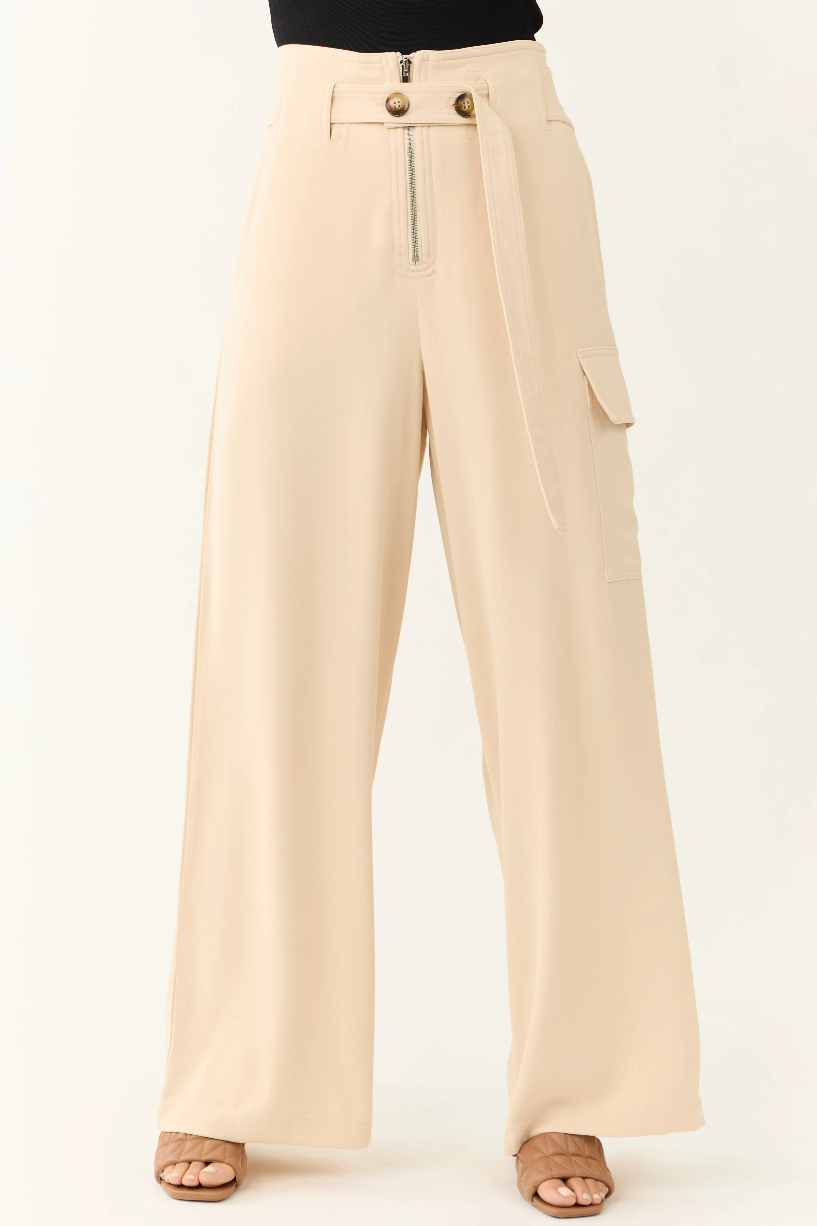 Champagne Belted High Waist Wide Leg Pants sold by Lime Lush product image thumbnail 2