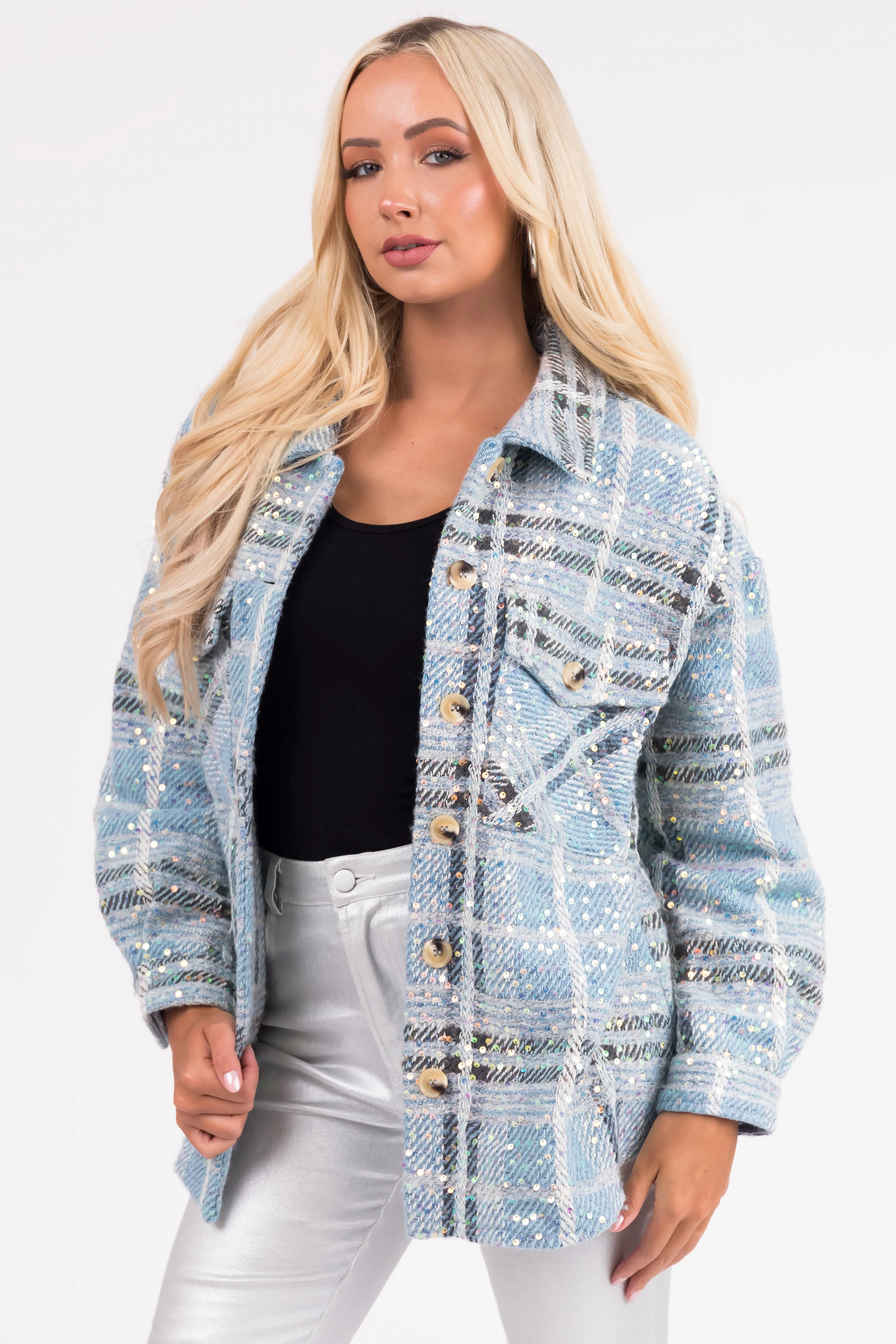 Sky Blue Sequined Plaid Button Down Shacket sold by Lime Lush