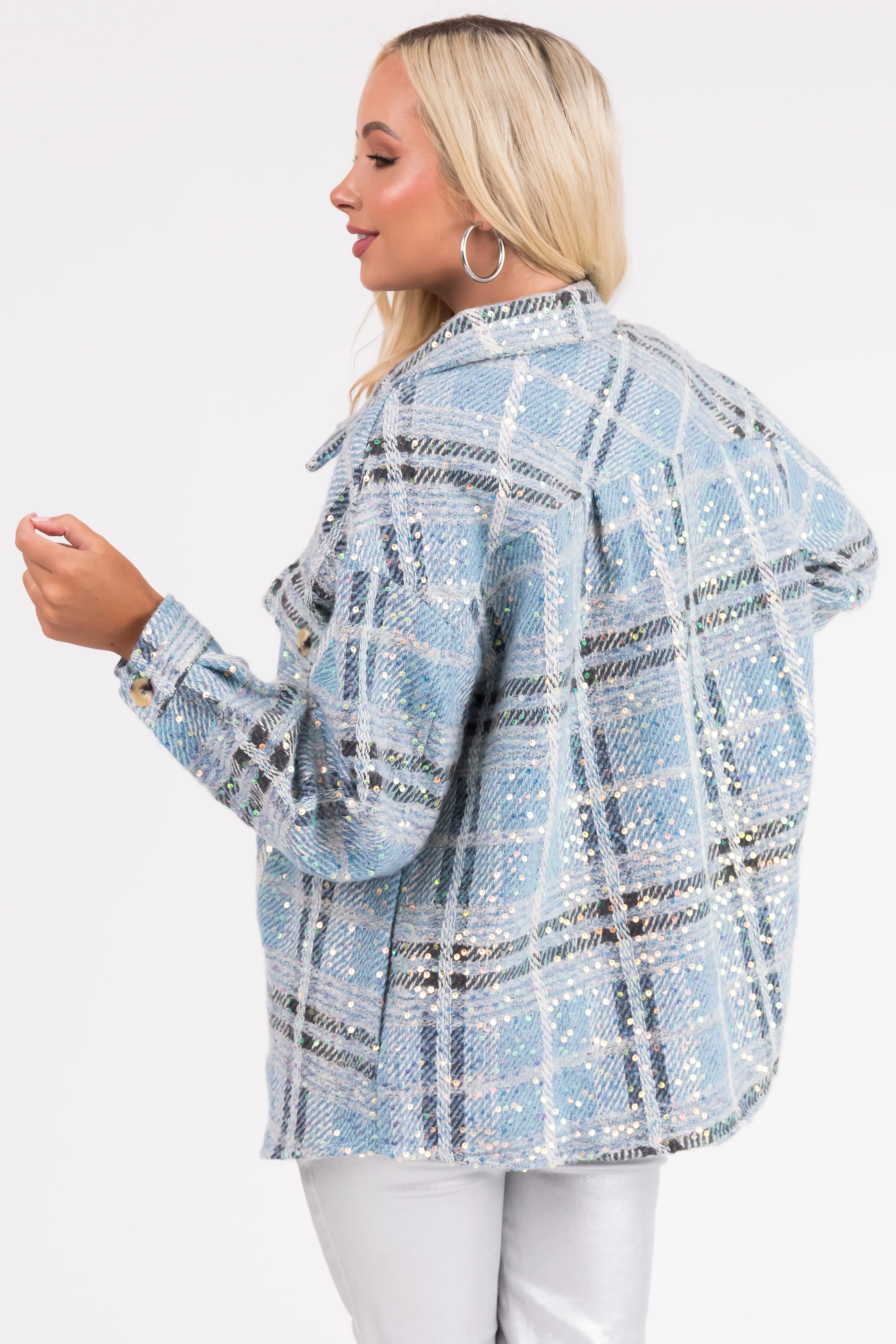 Sky Blue Sequined Plaid Button Down Shacket sold by Lime Lush product image thumbnail 5