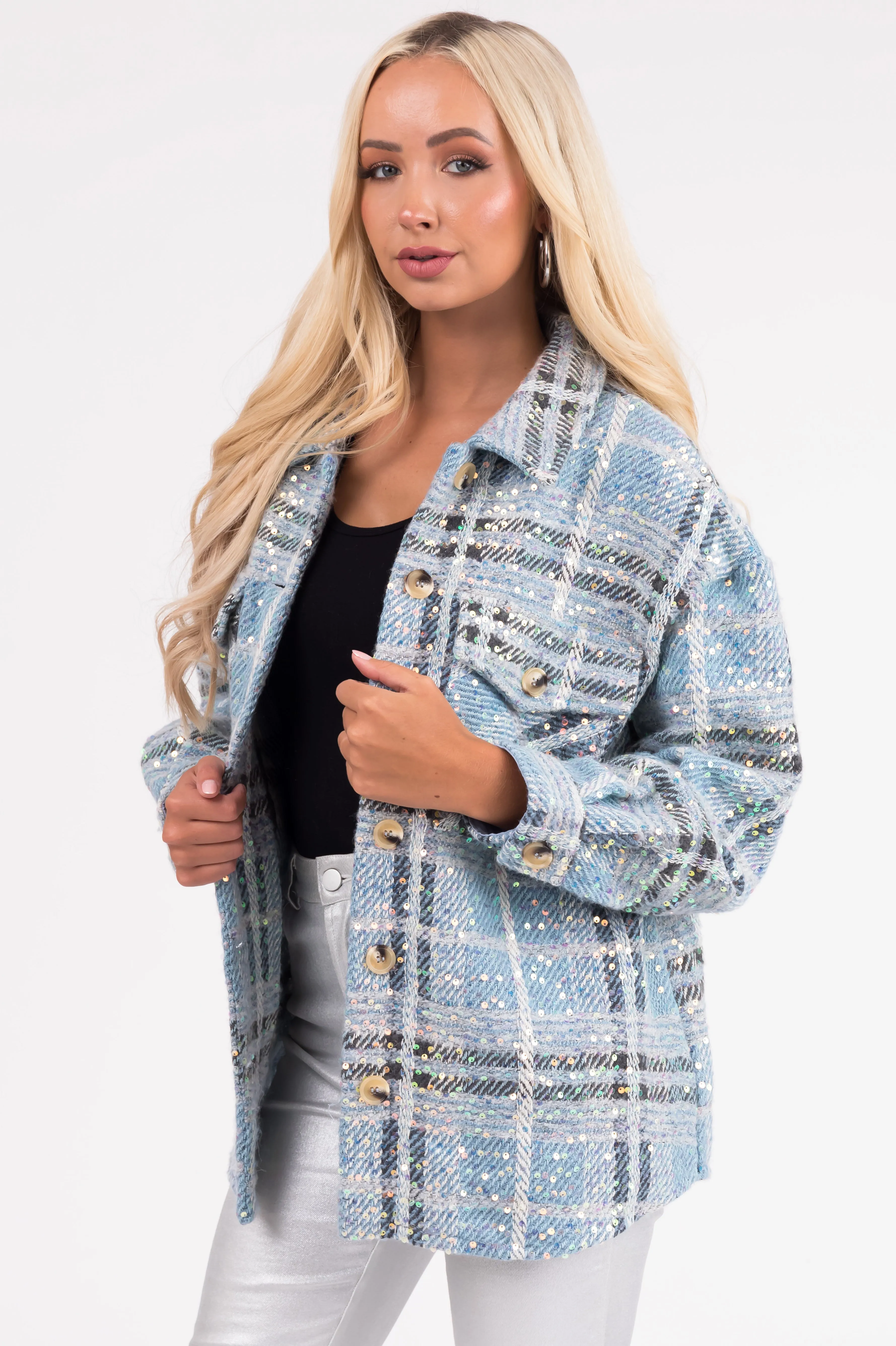 Sky Blue Sequined Plaid Button Down Shacket sold by Lime Lush product image thumbnail 4
