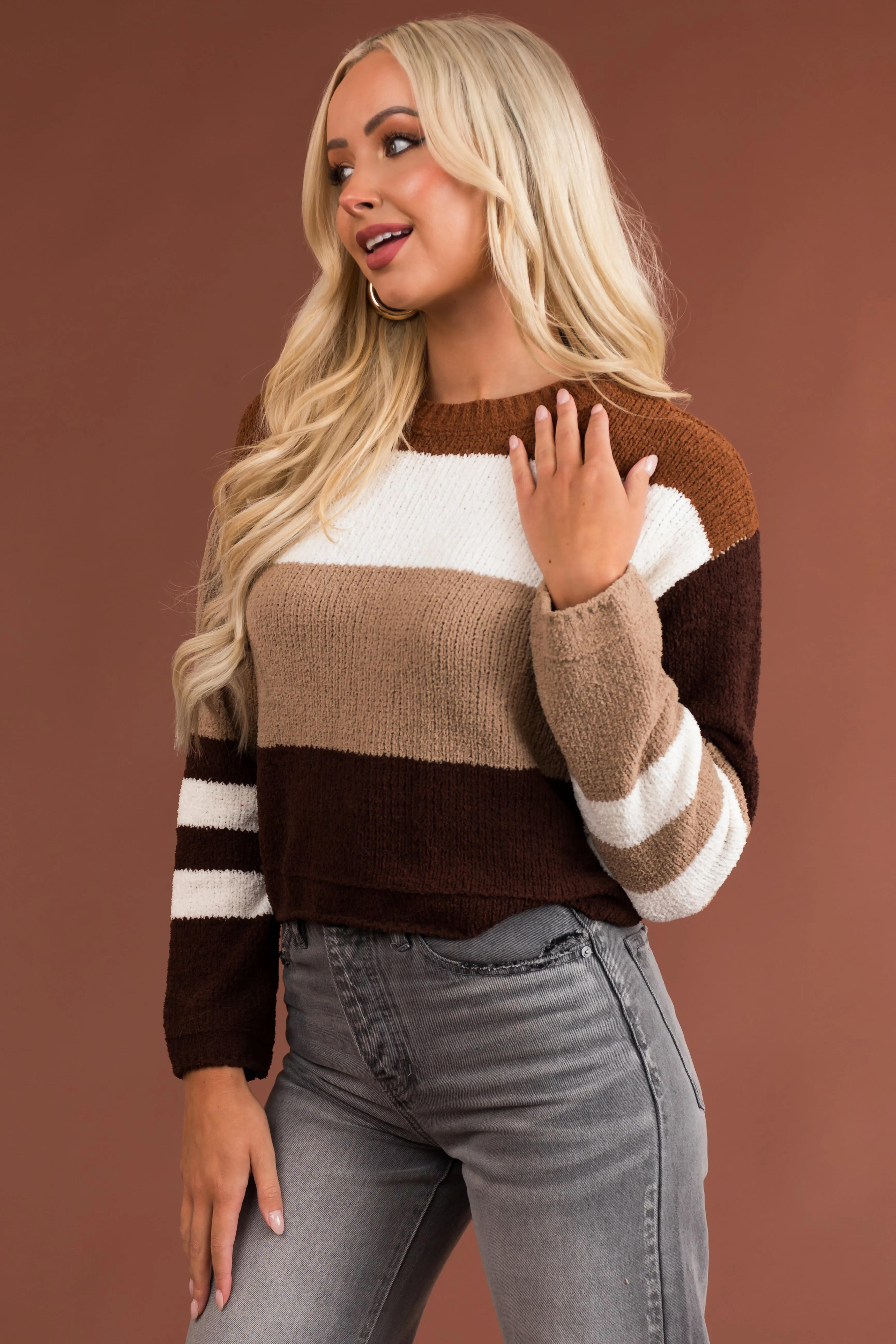 Camel Striped Long Sleeve Soft Knit Sweater sold by Lime Lush