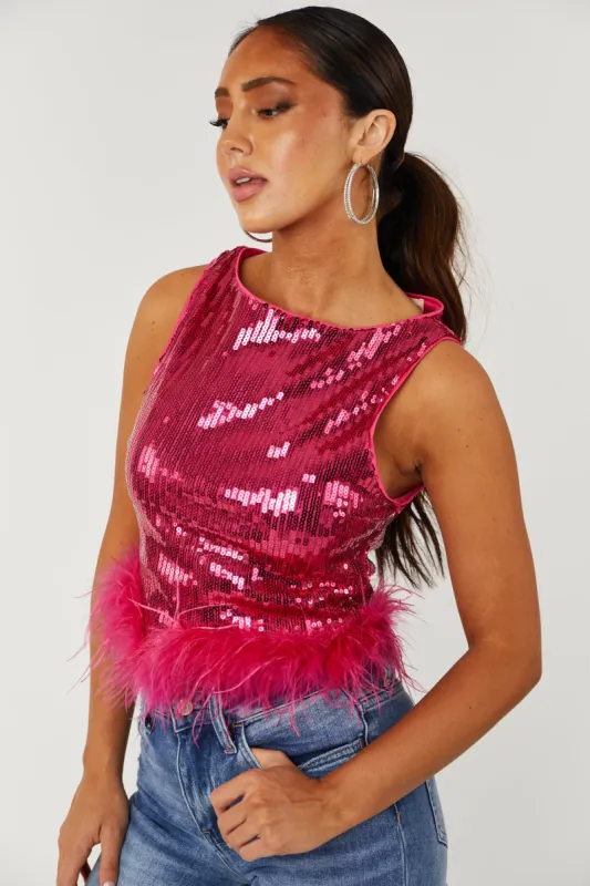 Hot Pink Sequined Faux Fur Hem Tank Top sold by Lime Lush