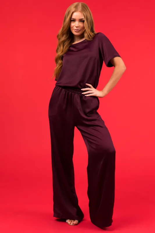 Eggplant Satin Blouse and Wide Leg Pants Set sold by Lime Lush