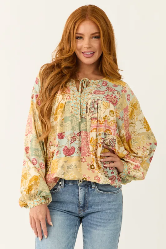 Cream Floral Patchwork Print Long Sleeve Top sold by Lime Lush