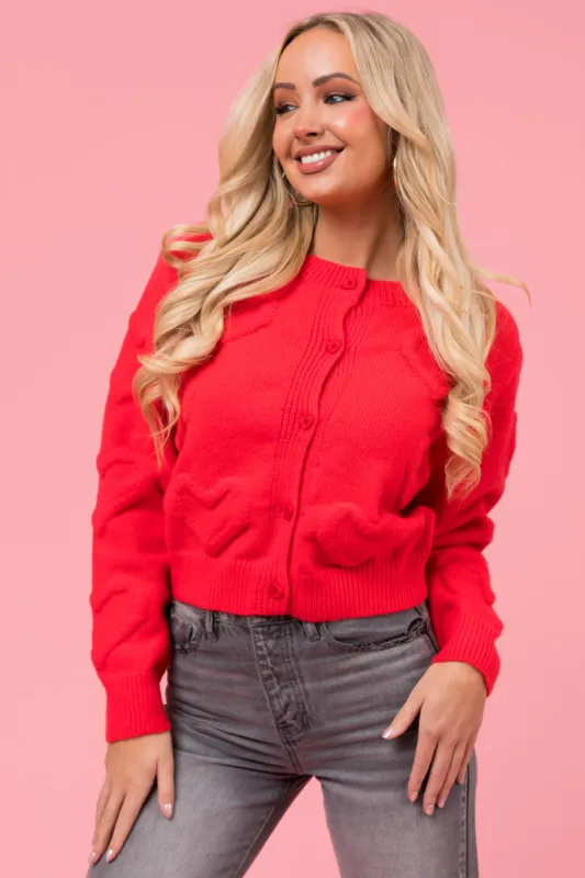 Crimson Textured Heart Button Up Cardigan sold by Lime Lush