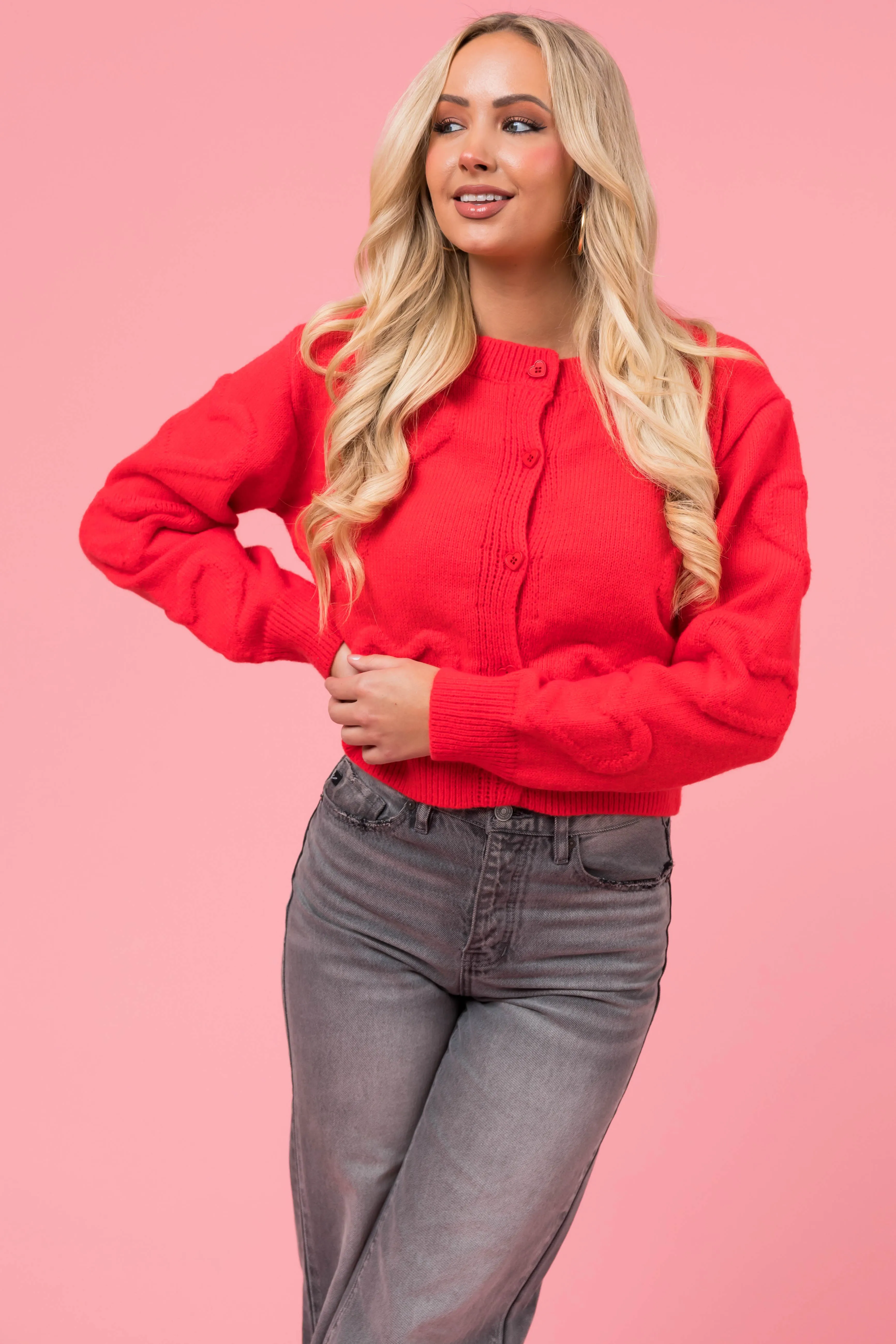 Crimson Textured Heart Button Up Cardigan sold by Lime Lush product image thumbnail 3