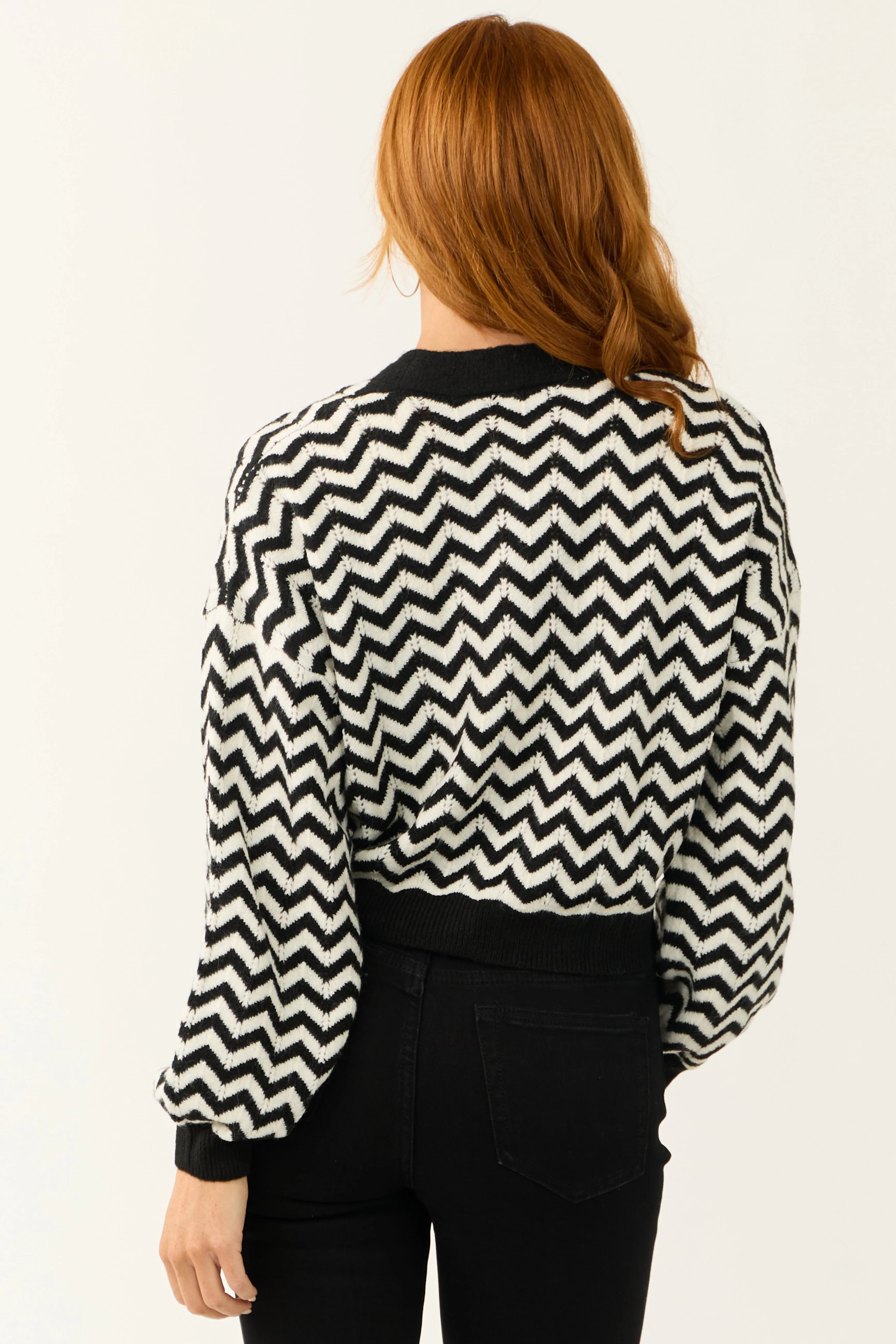 Black and White Chevron Printed Buttoned Cardigan sold by Lime Lush product image thumbnail 5