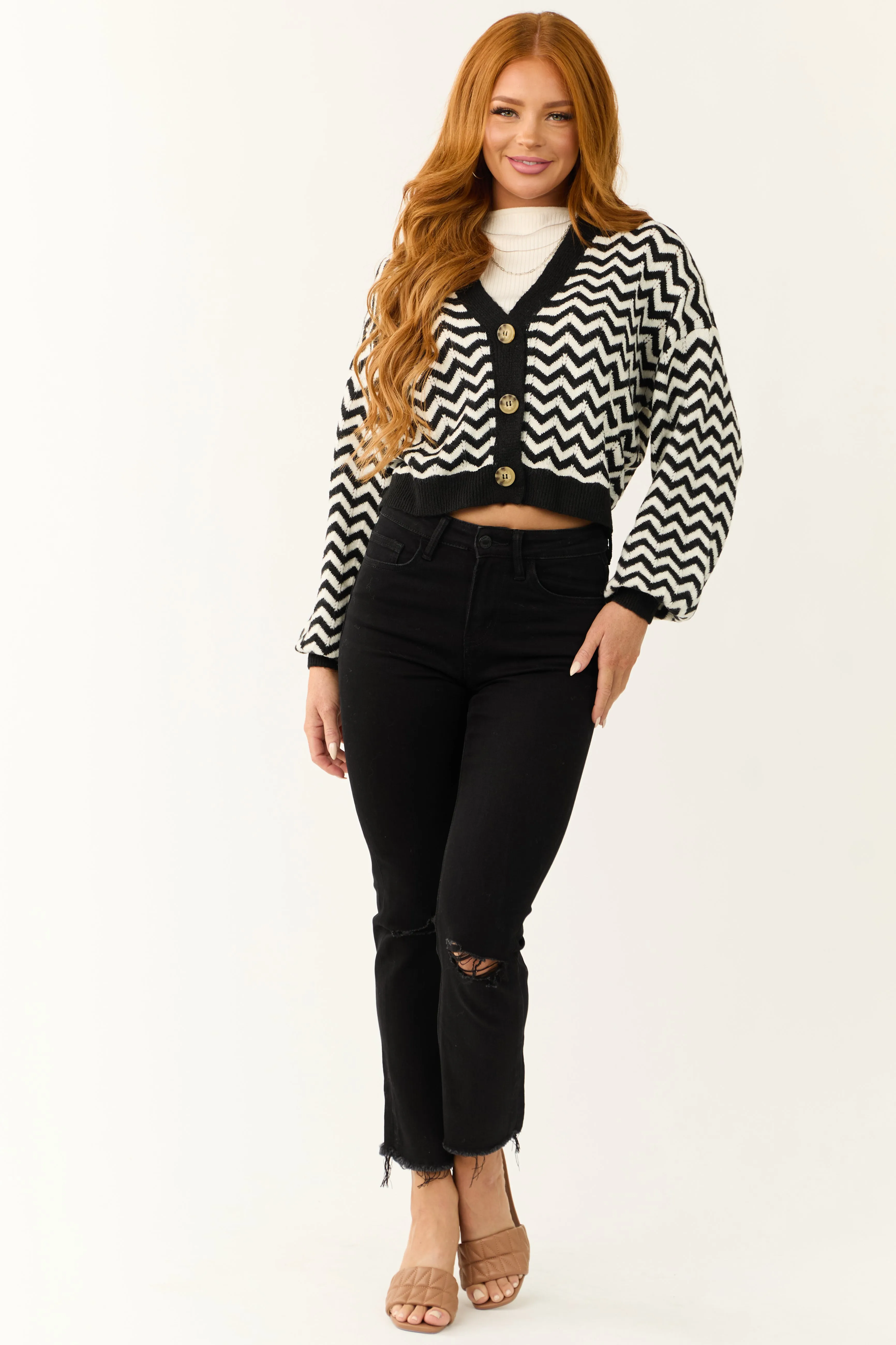 Black and White Chevron Printed Buttoned Cardigan sold by Lime Lush product image thumbnail 3