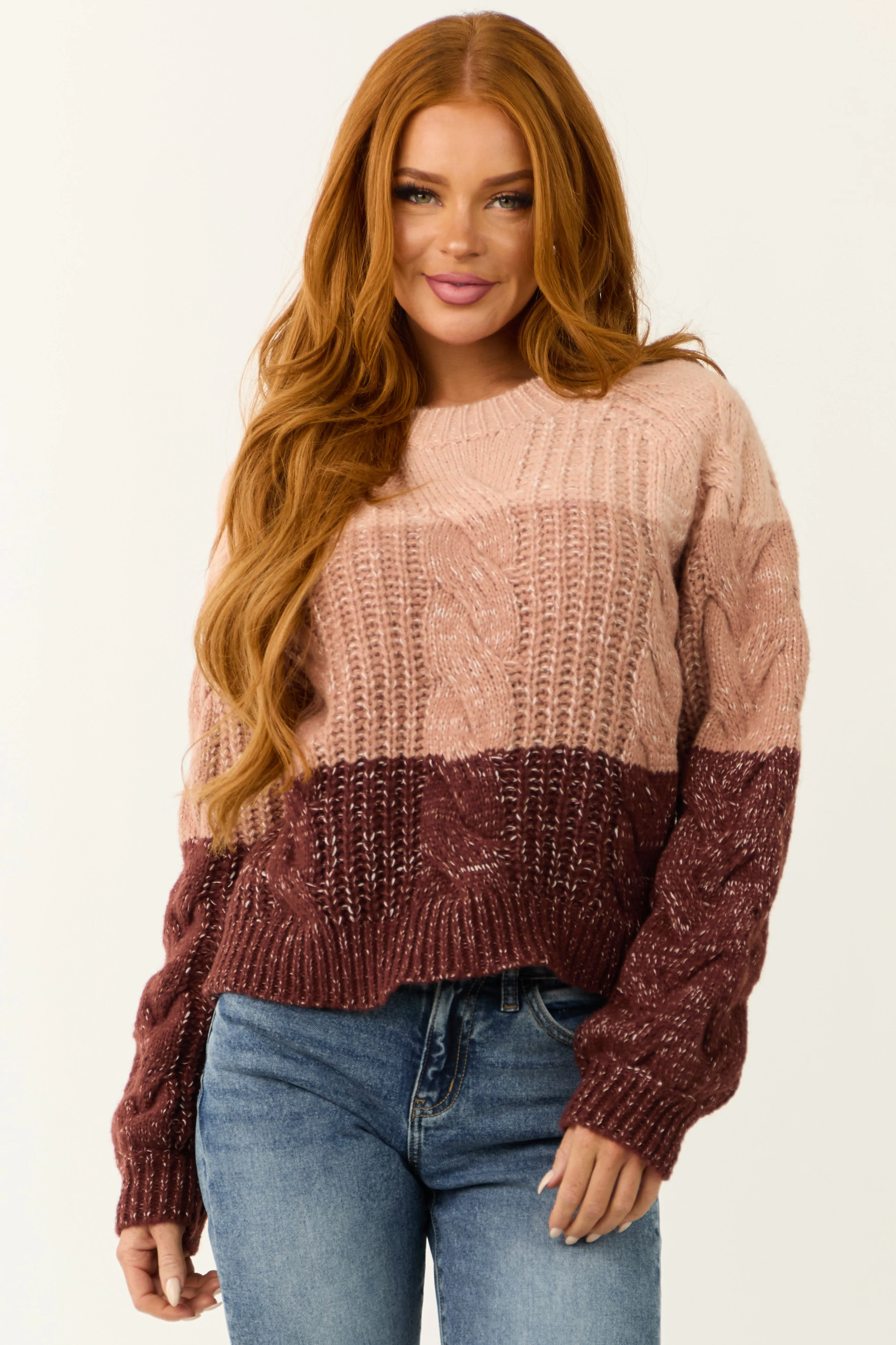 Dusty Blush and Eggplant Colorblock Sweater sold by Lime Lush