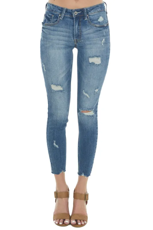 Special A Dark Wash Mid Rise Raw Hem Distressed Jeans sold by Lime Lush