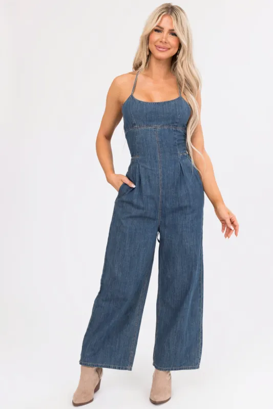 Vintage Wash Open Back Denim Jumpsuit with Pockets sold by Lime Lush