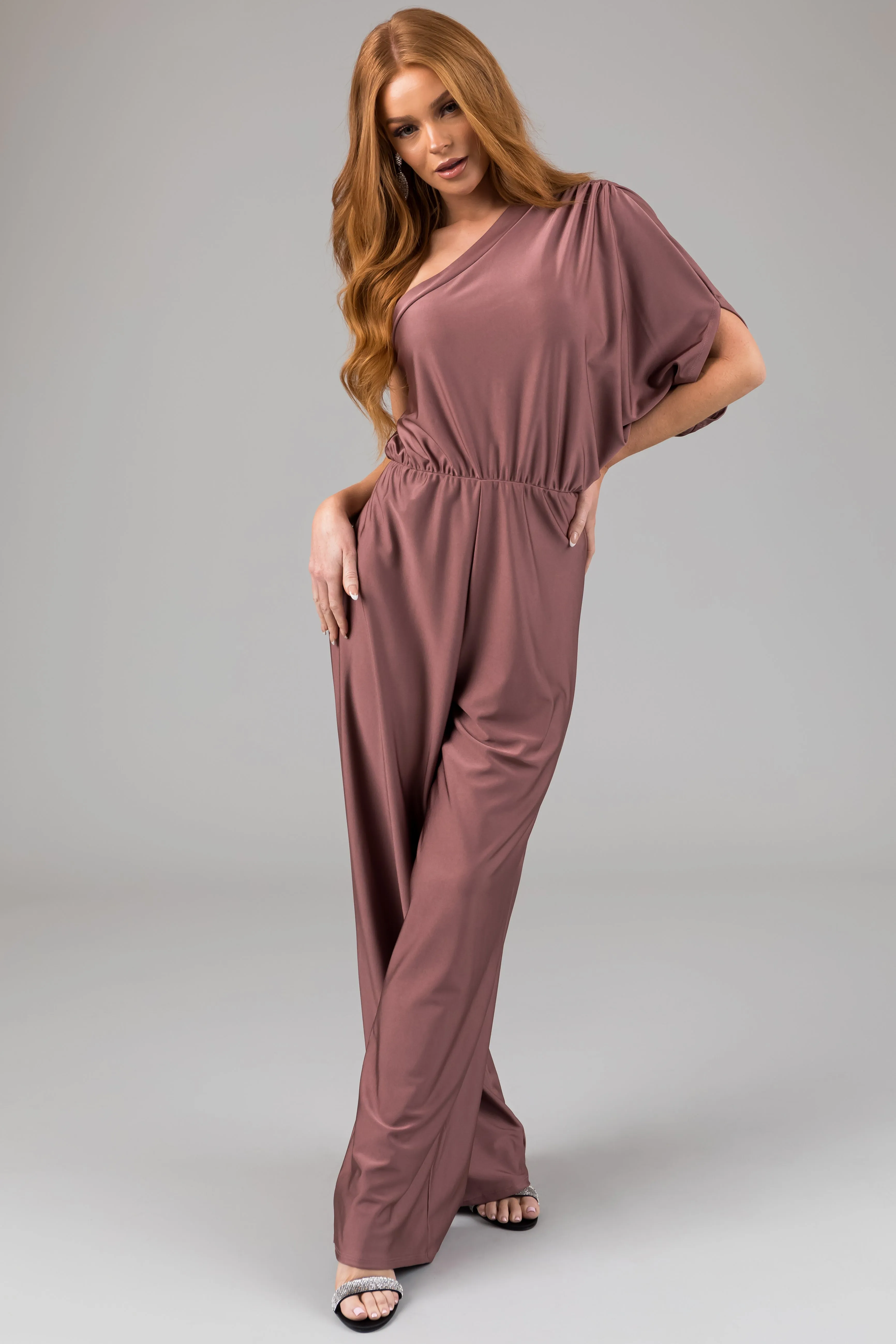 Dusty Rose One Shoulder Elastic Waist Satin Jumpsuit sold by Lime Lush product image thumbnail 3