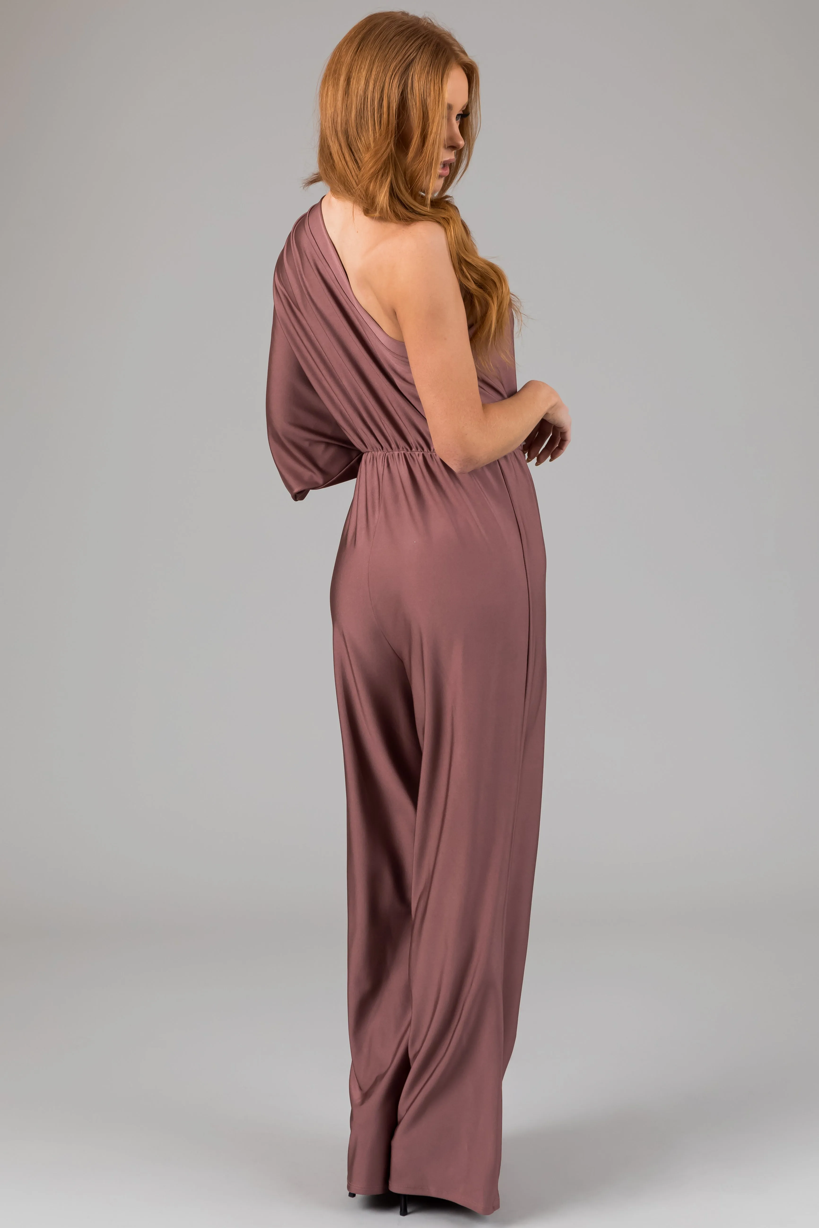 Dusty Rose One Shoulder Elastic Waist Satin Jumpsuit sold by Lime Lush product image thumbnail 4