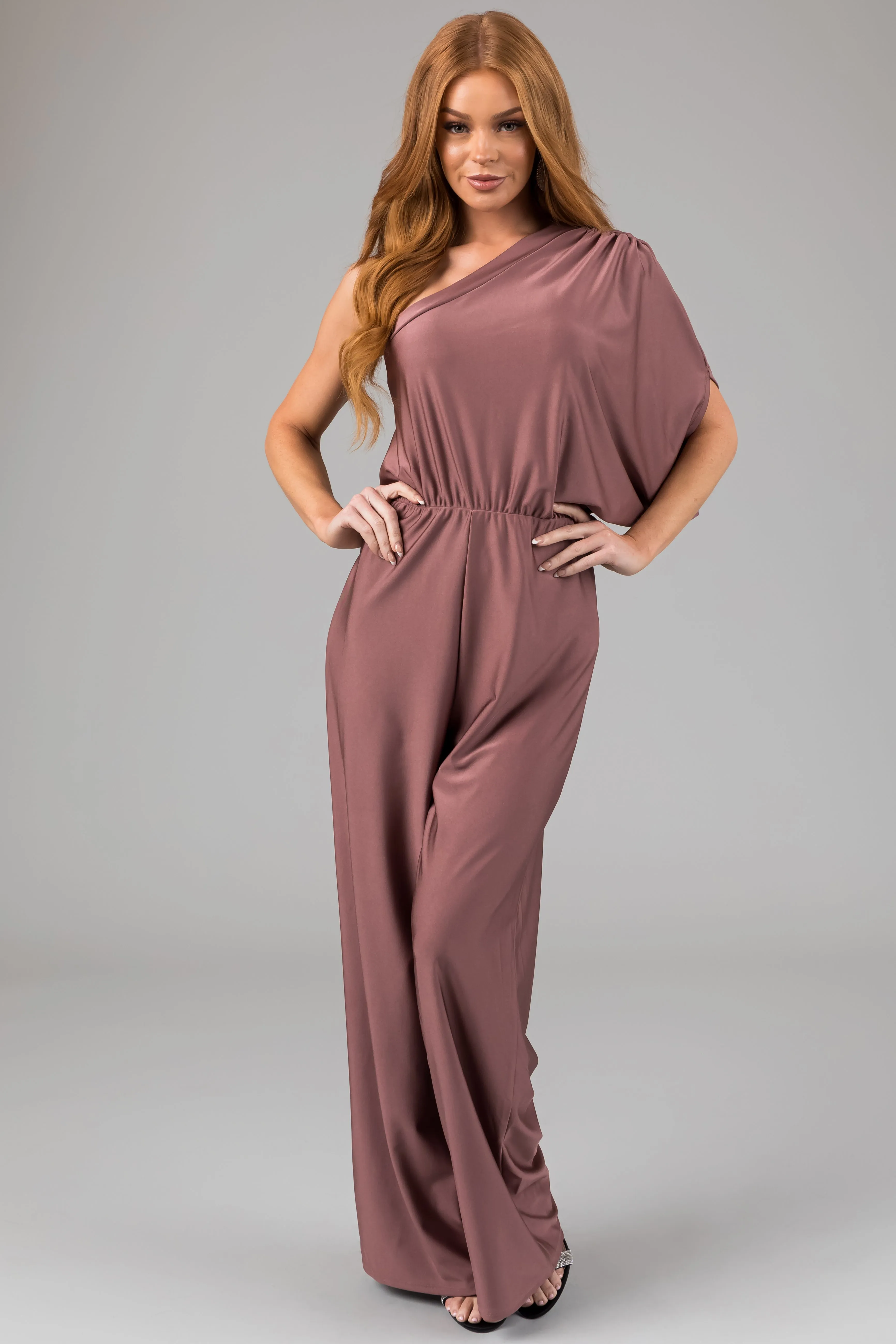 Dusty Rose One Shoulder Elastic Waist Satin Jumpsuit sold by Lime Lush product image thumbnail 2