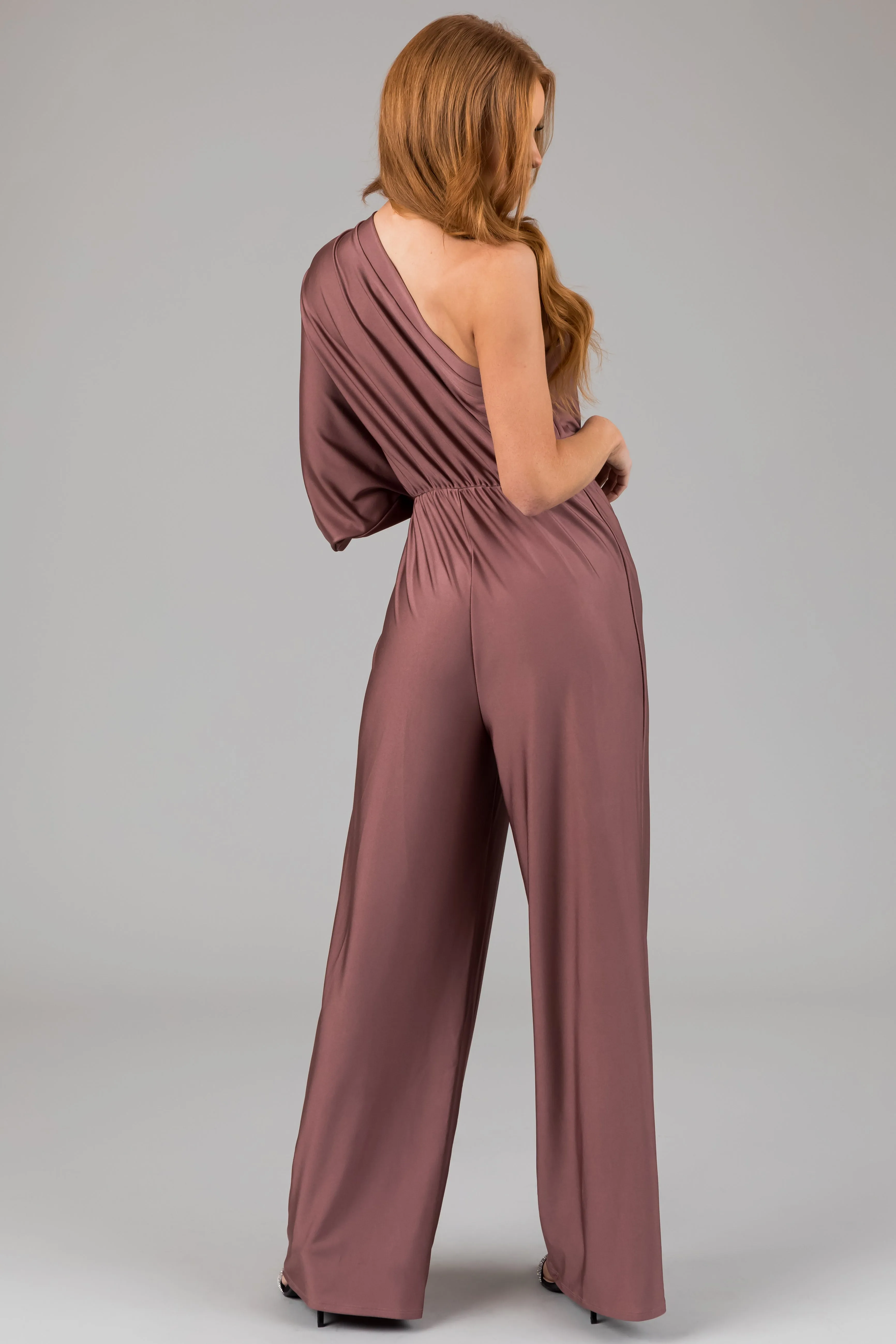 Dusty Rose One Shoulder Elastic Waist Satin Jumpsuit sold by Lime Lush product image thumbnail 5