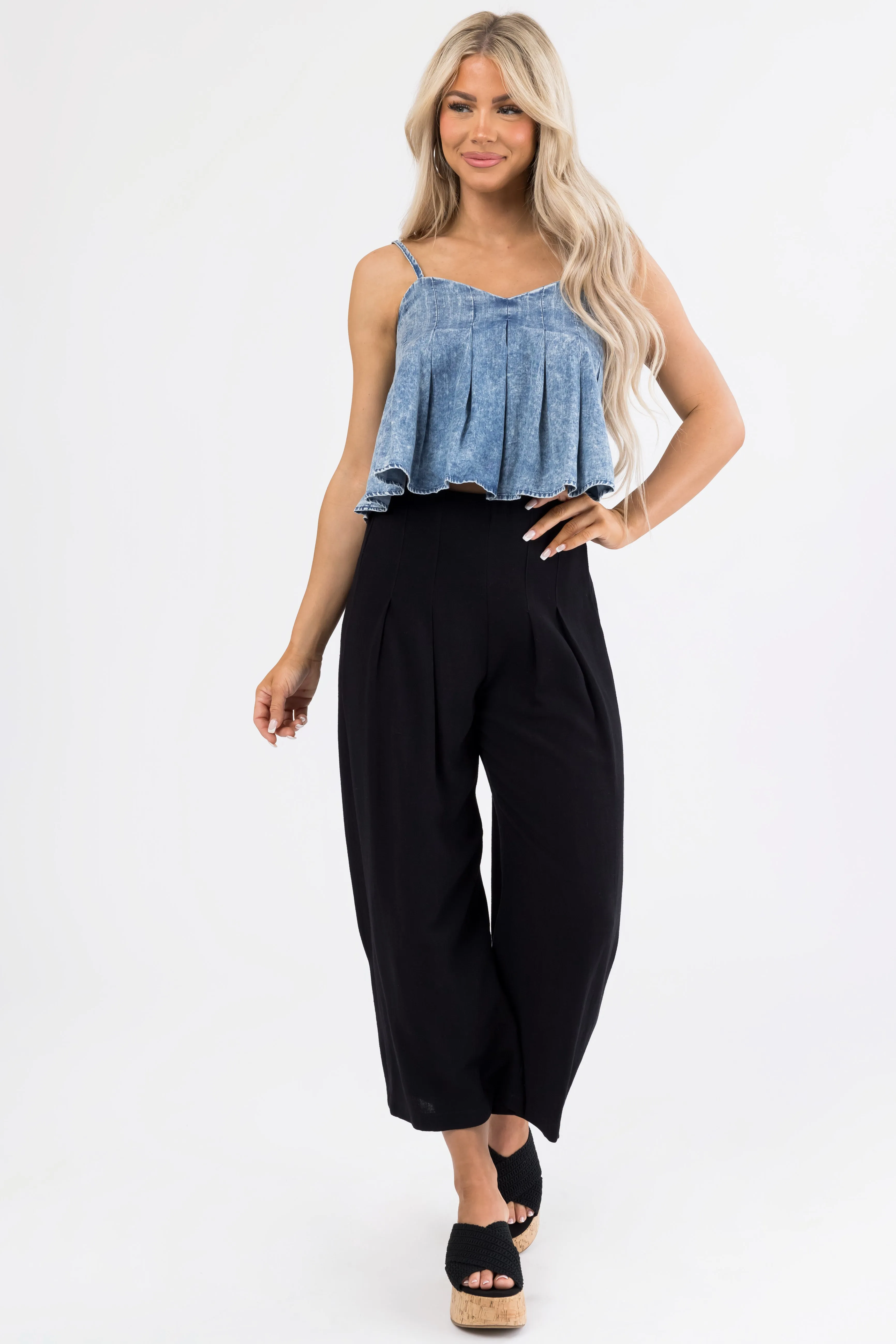 Black Pleated Cropped Palazzo Pants sold by Lime Lush
