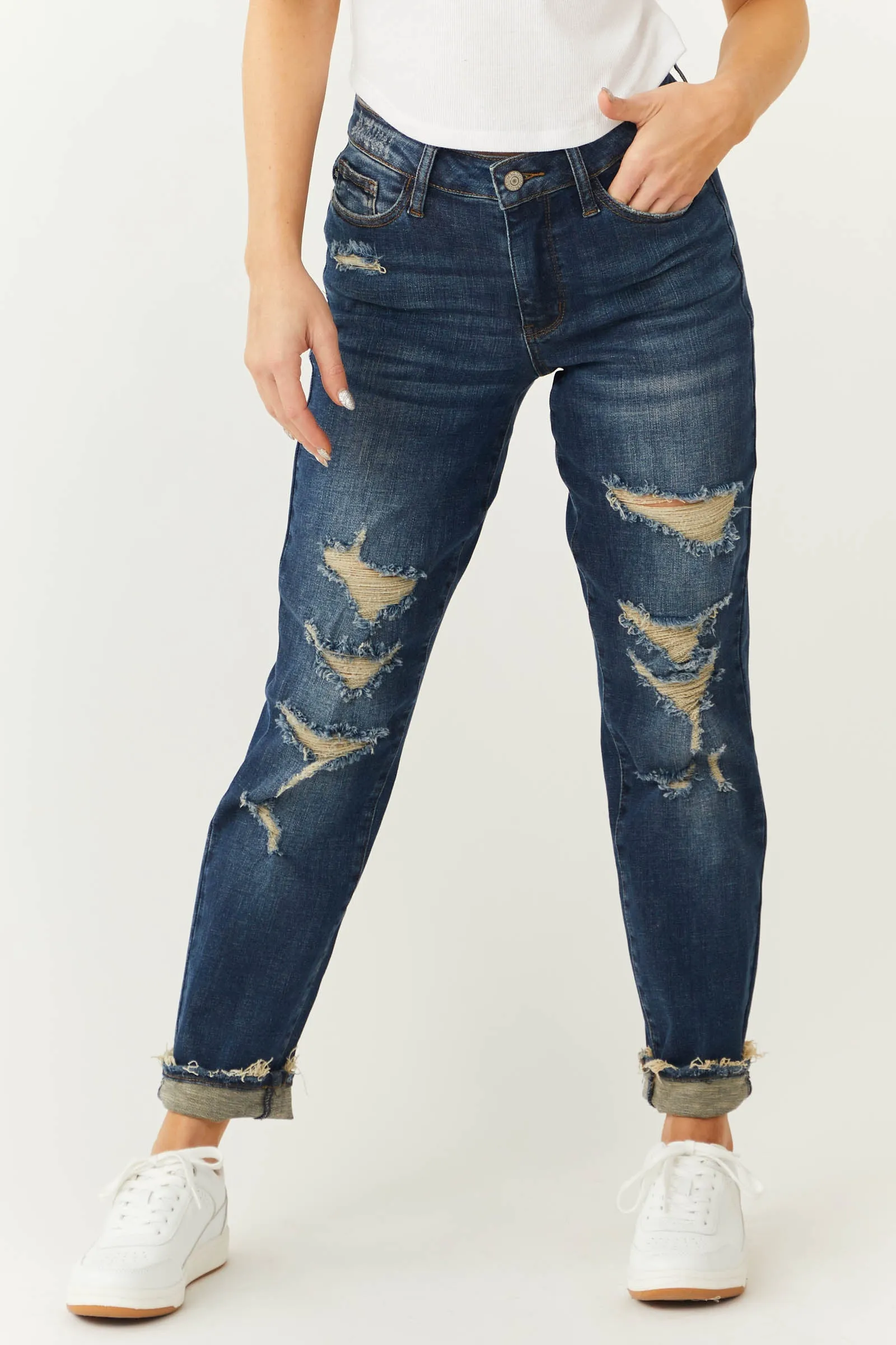 Judy Blue Dark Wash High Rise Distressed Boyfriend Jeans sold by Lime Lush product image thumbnail 4