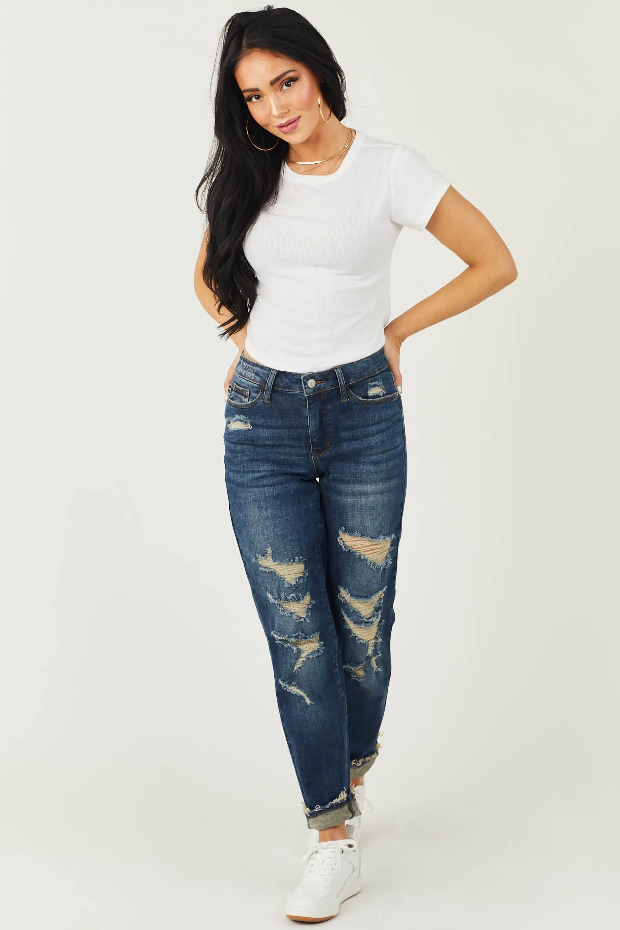 Judy Blue Dark Wash High Rise Distressed Boyfriend Jeans sold by Lime Lush product image thumbnail 2