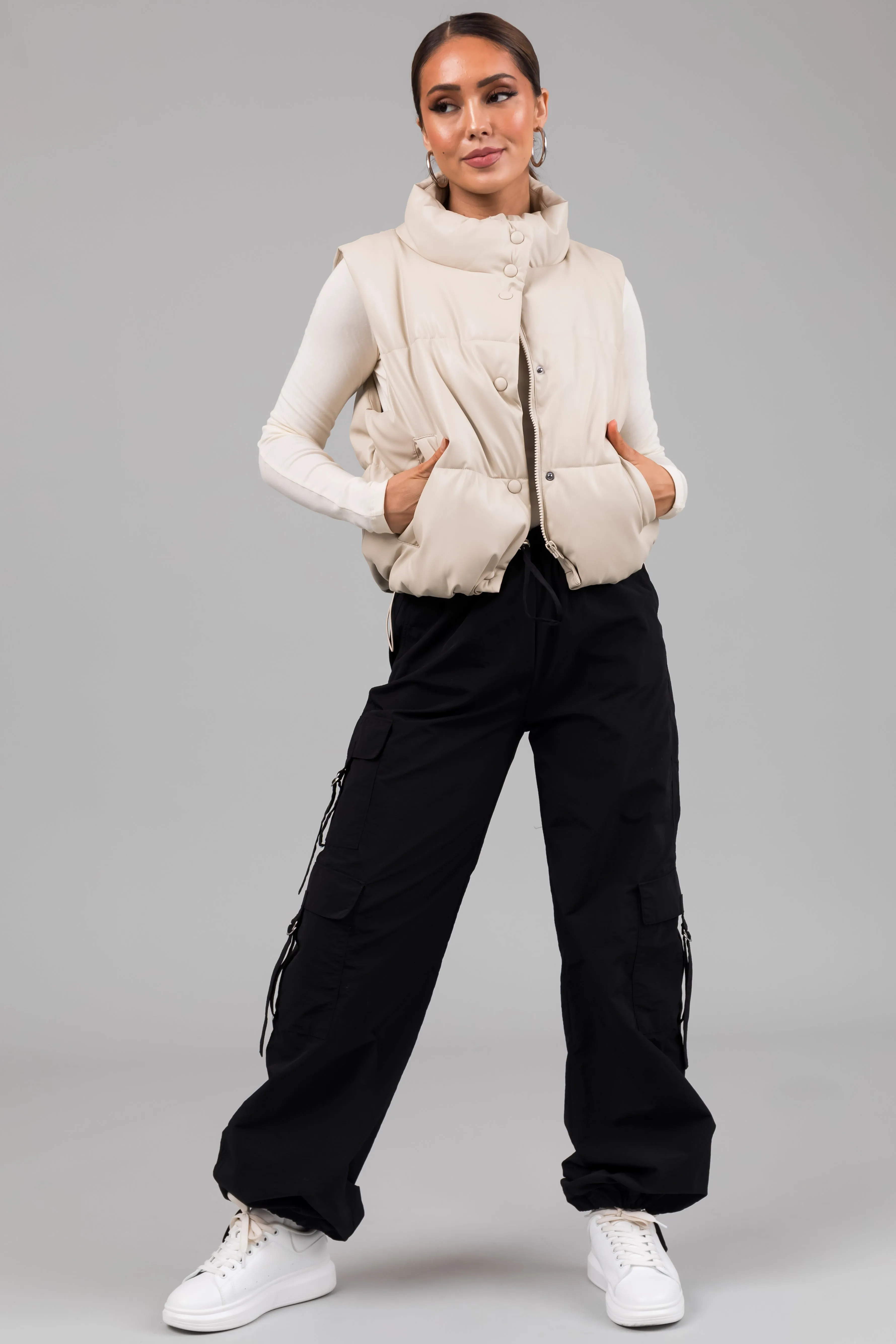 Champagne Faux Leather High Neck Puffer Vest sold by Lime Lush product image thumbnail 4