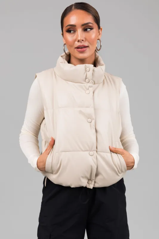 Champagne Faux Leather High Neck Puffer Vest sold by Lime Lush
