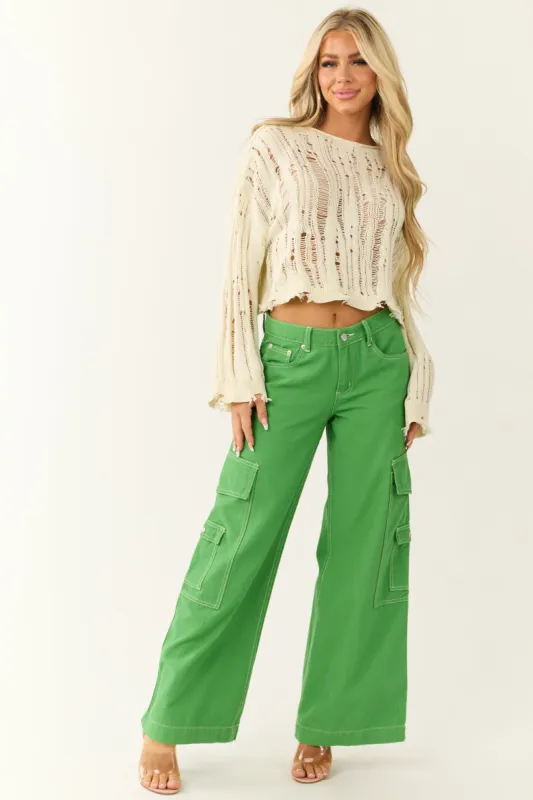 Kelly Green Denim Wide Leg Cargo Pants sold by Lime Lush