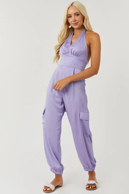 Satin Lavender Halter Neck Open Back Cargo Jumpsuit sold by Lime Lush