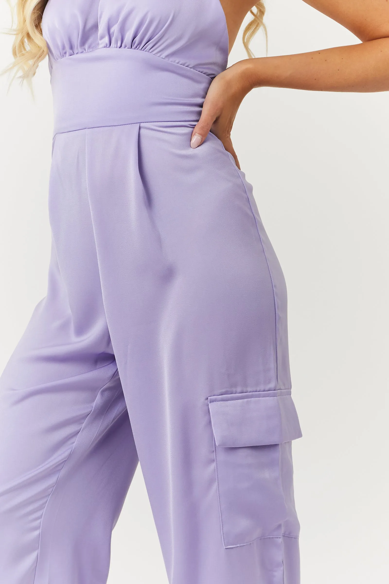 Satin Lavender Halter Neck Open Back Cargo Jumpsuit sold by Lime Lush product image thumbnail 4