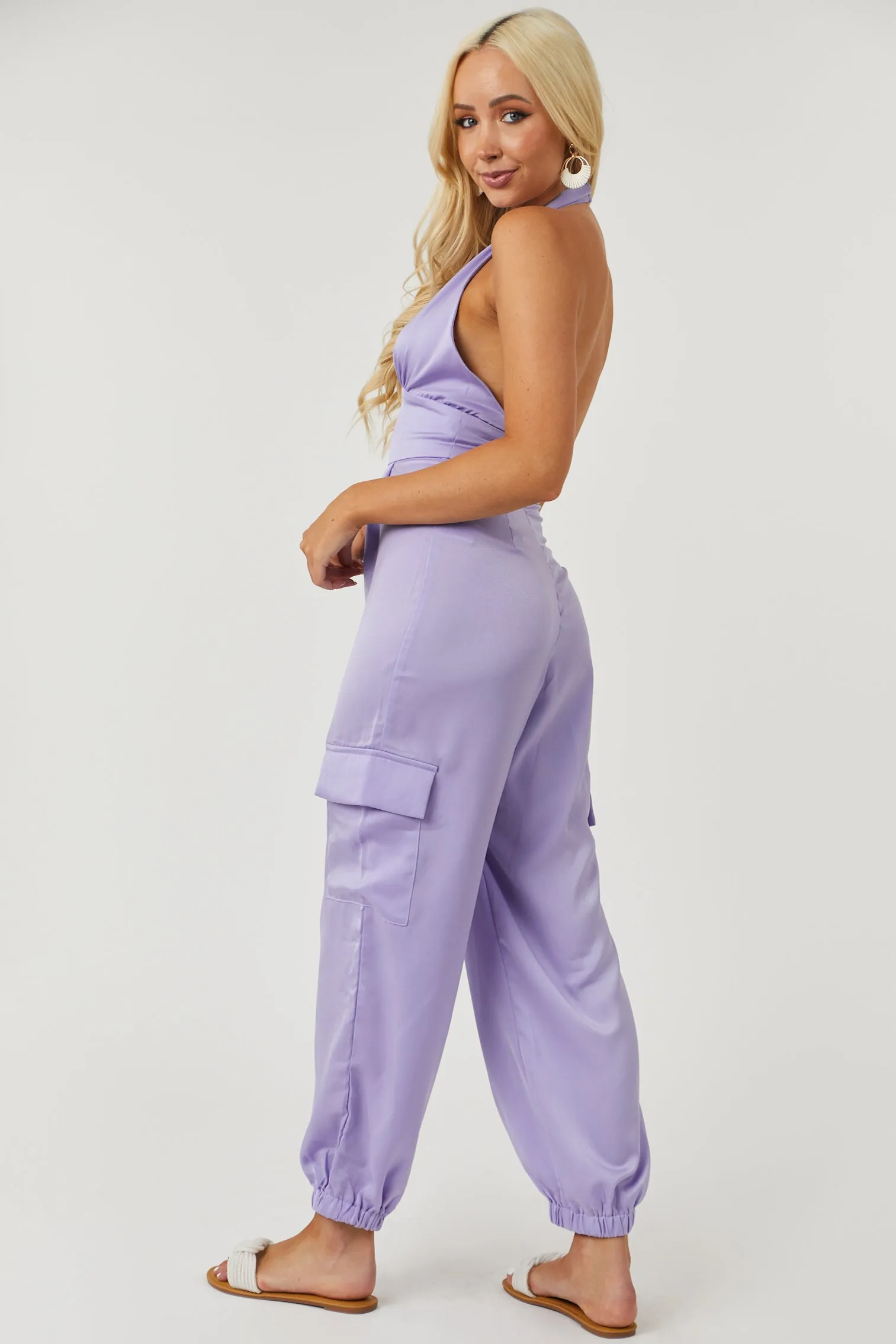 Satin Lavender Halter Neck Open Back Cargo Jumpsuit sold by Lime Lush product image thumbnail 3