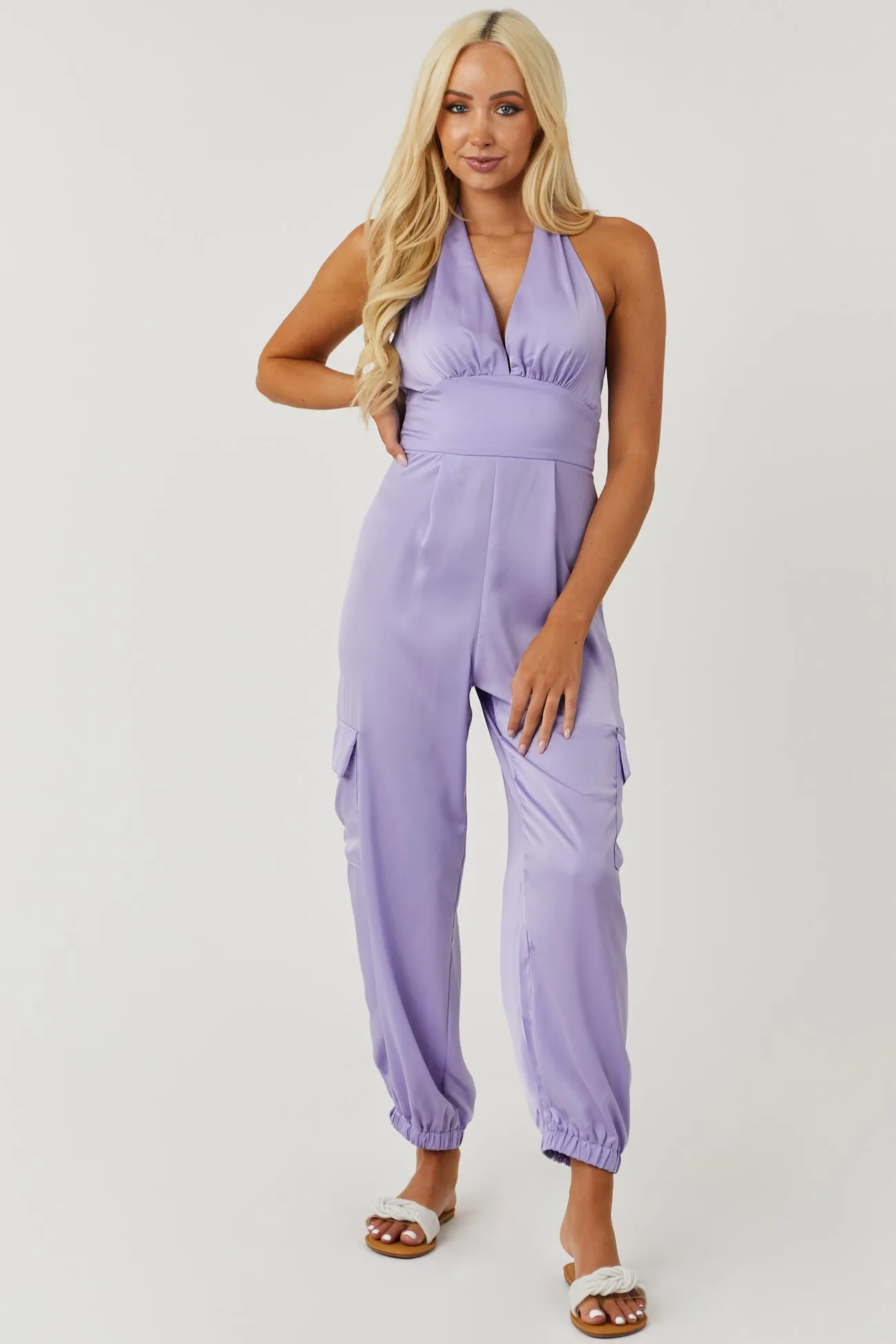 Satin Lavender Halter Neck Open Back Cargo Jumpsuit sold by Lime Lush product image thumbnail 2