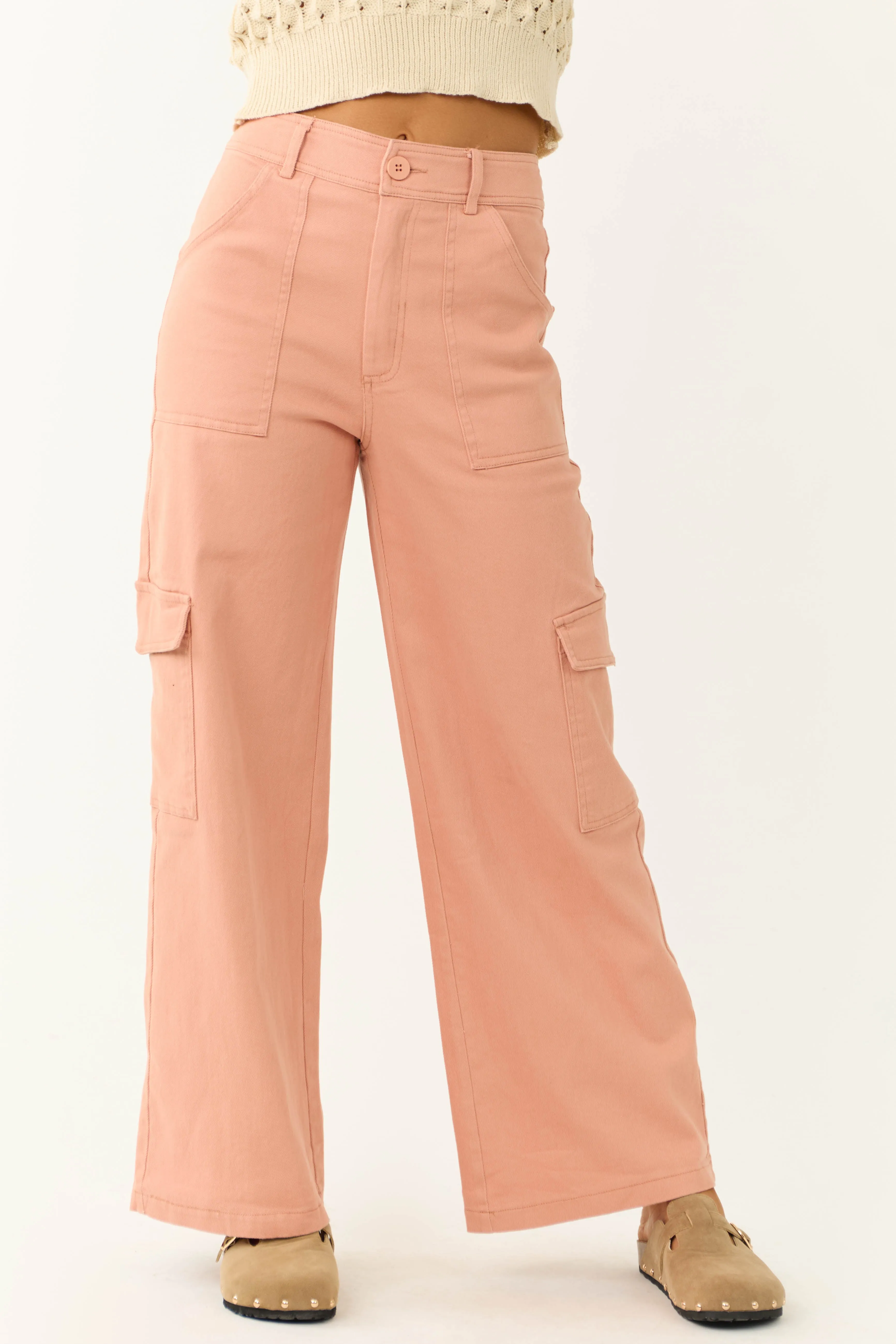 Peach Twill Wide Leg High Waisted Cargo Pants sold by Lime Lush