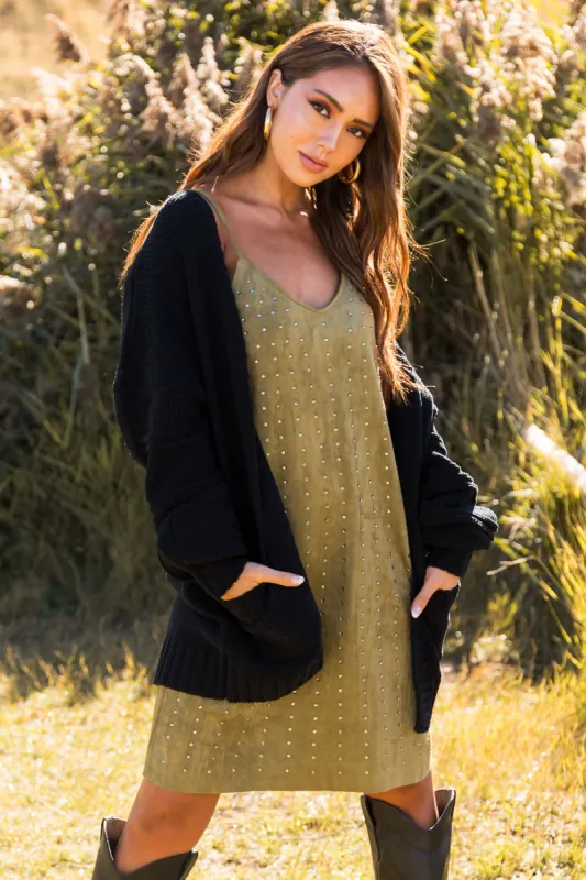 Black Textured Sleeve Open Chenille Cardigan sold by Lime Lush