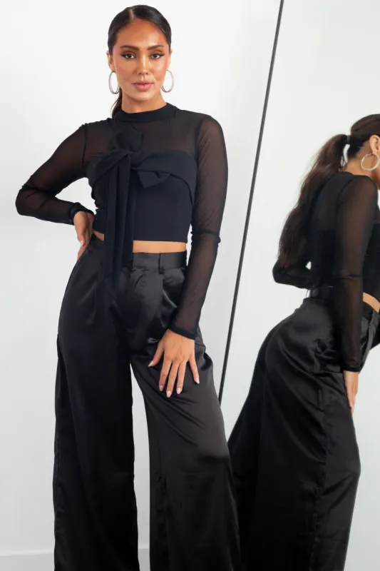 Black Bow Detail Mesh Long Sleeve Crop Top sold by Lime Lush