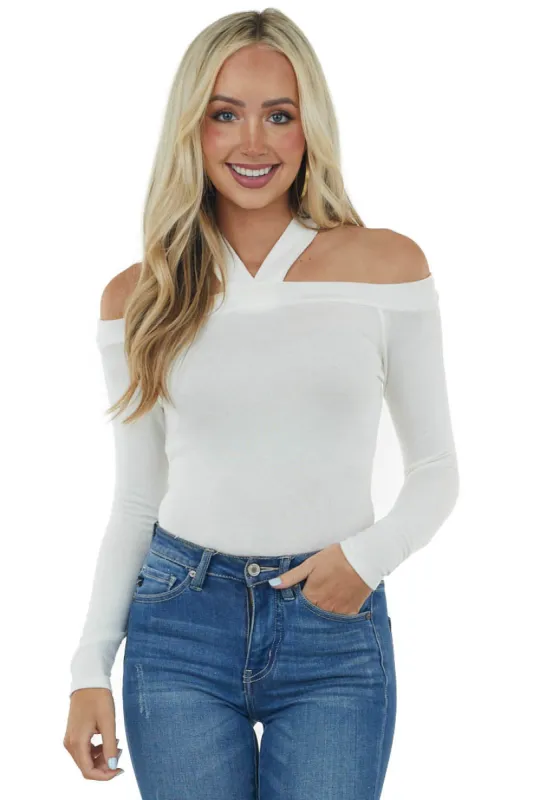 Ivory Halter Neck Long Sleeve Crop Top with Cold Shoulders sold by Lime Lush