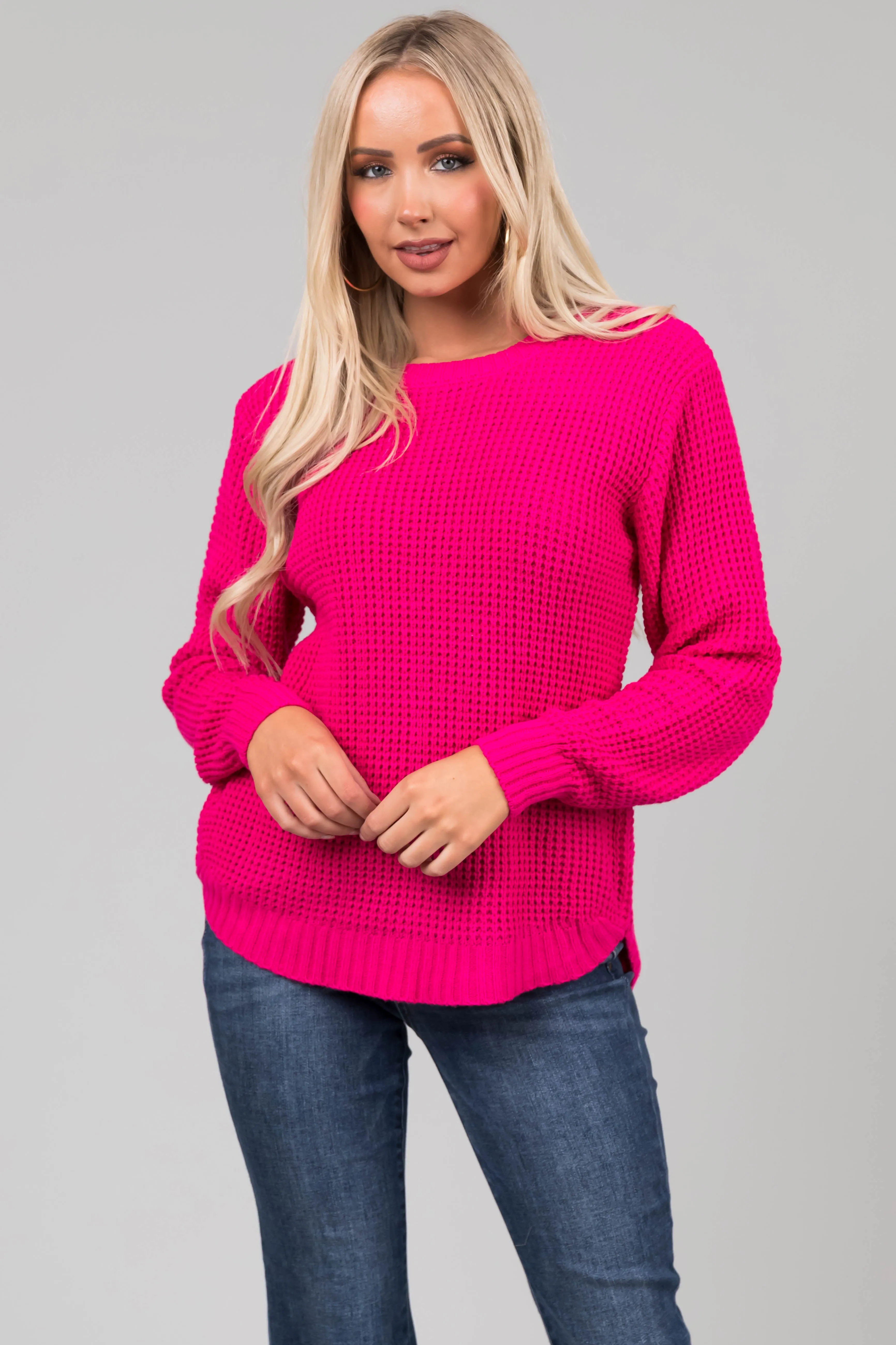 Hot Pink Thick Waffle Knit Curved Hem Sweater sold by Lime Lush product image thumbnail 2