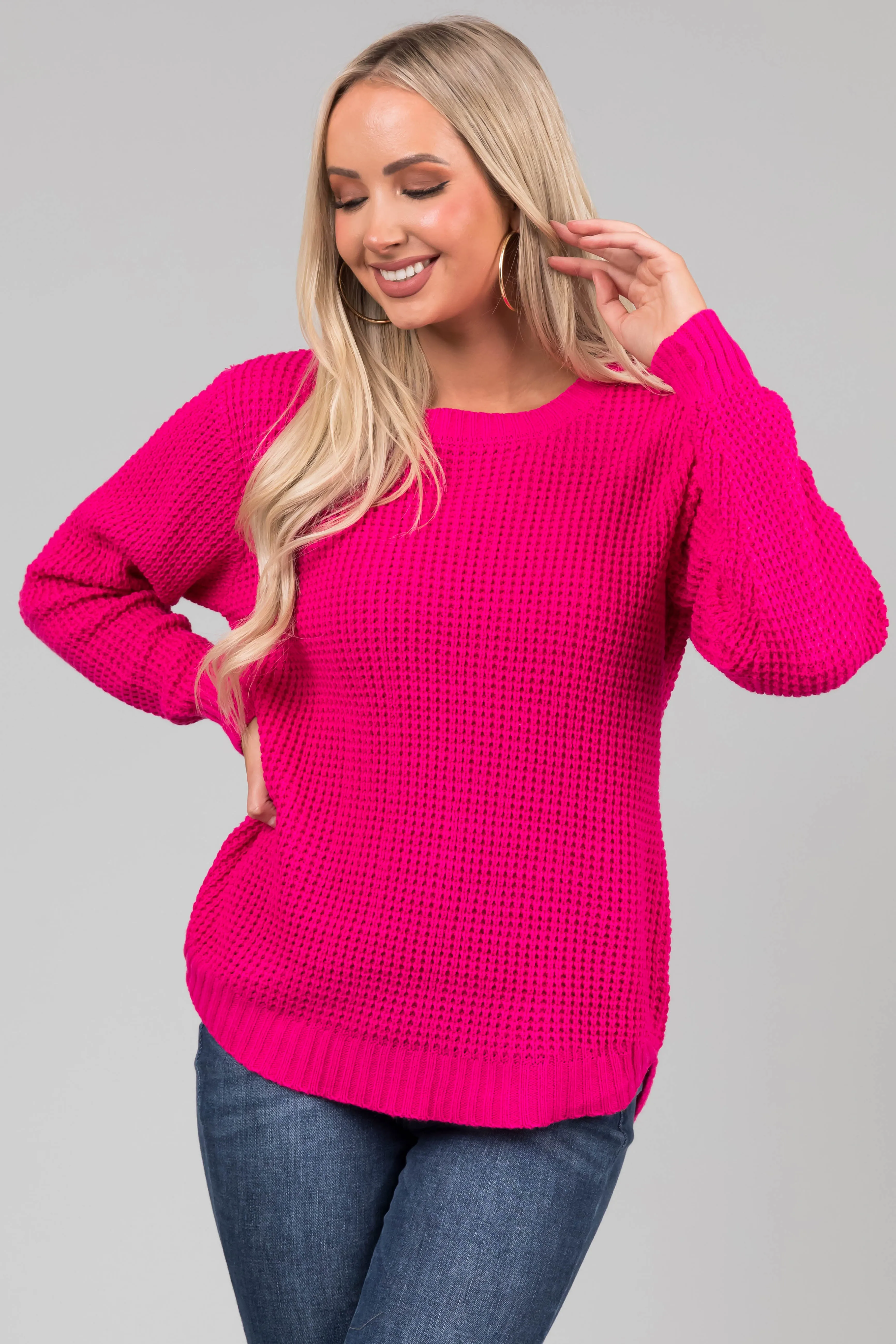 Hot Pink Thick Waffle Knit Curved Hem Sweater sold by Lime Lush