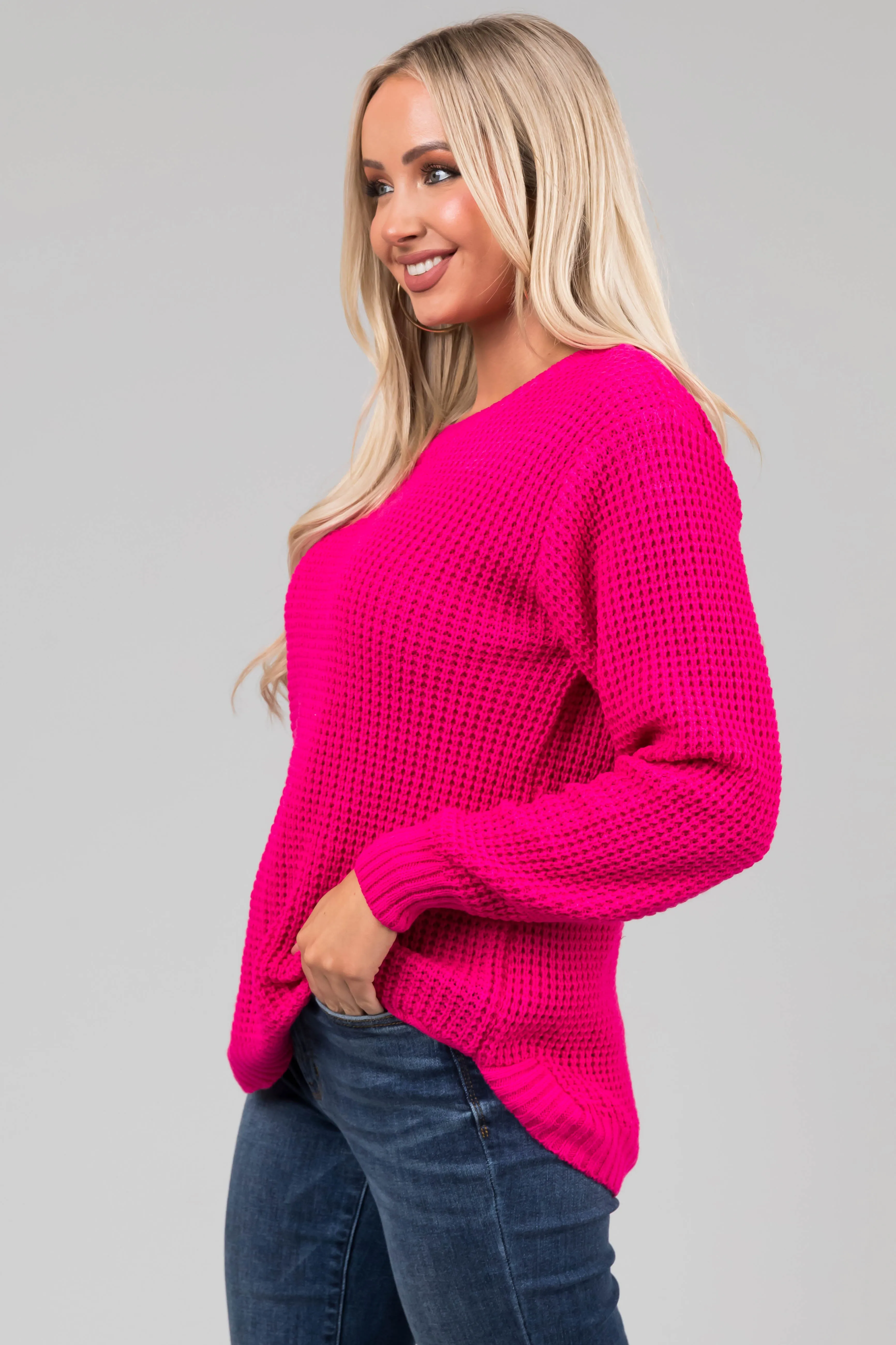 Hot Pink Thick Waffle Knit Curved Hem Sweater sold by Lime Lush product image thumbnail 5
