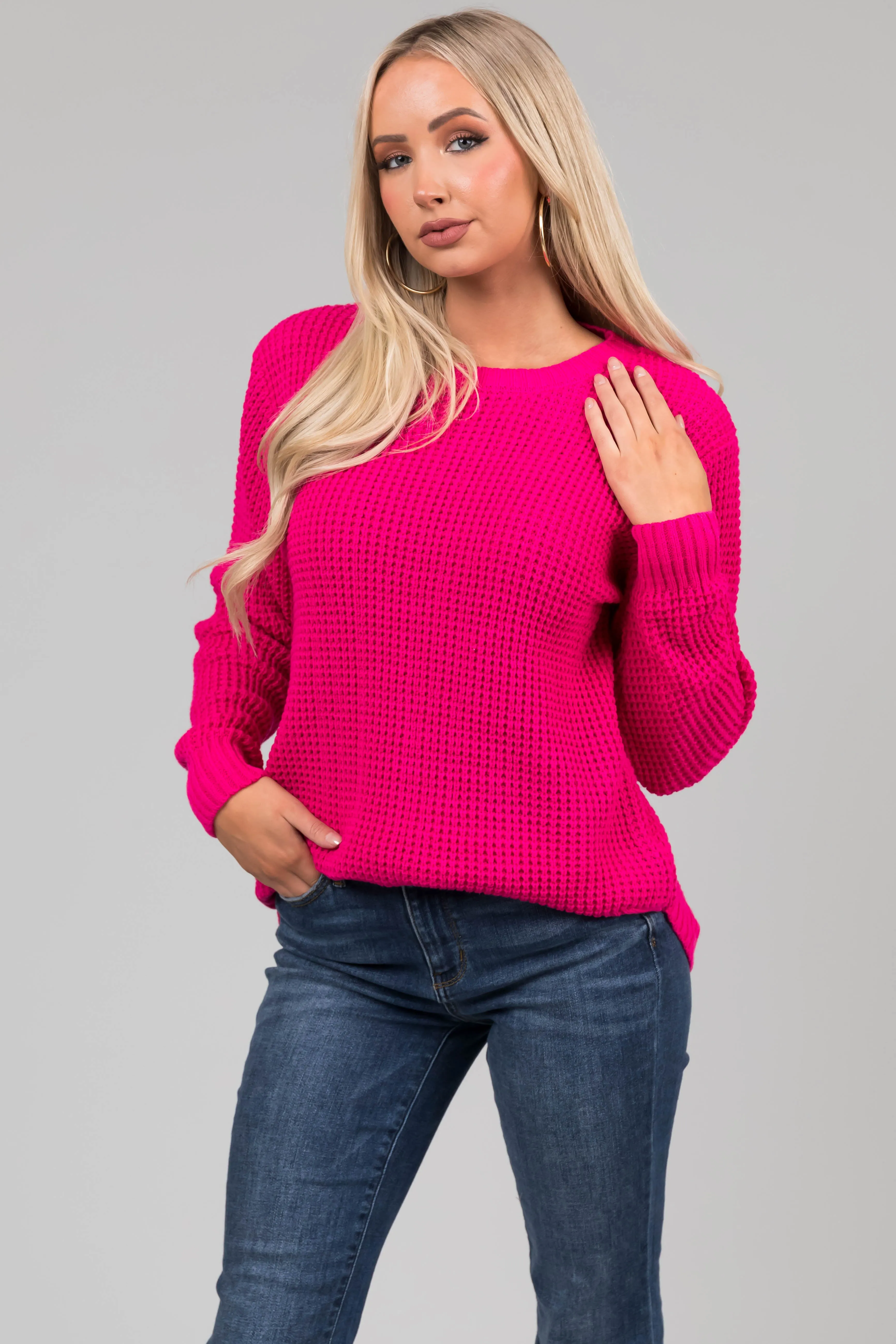 Hot Pink Thick Waffle Knit Curved Hem Sweater sold by Lime Lush product image thumbnail 4
