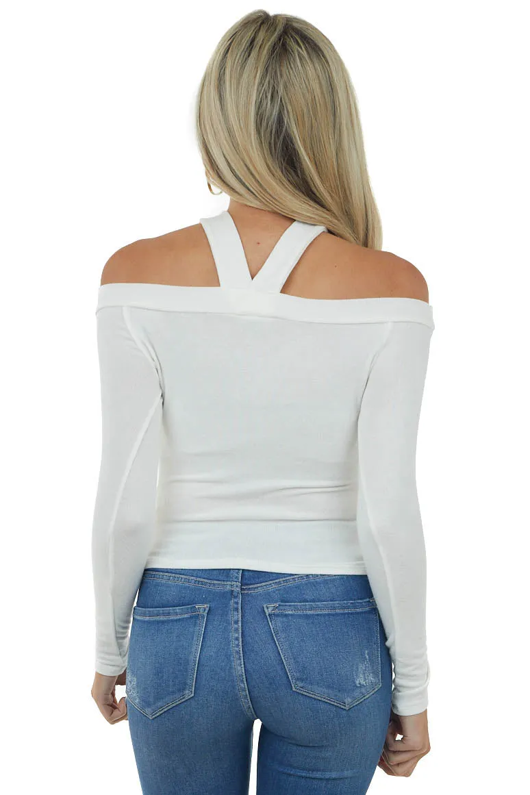 Ivory Halter Neck Long Sleeve Crop Top with Cold Shoulders sold by Lime Lush product image thumbnail 5